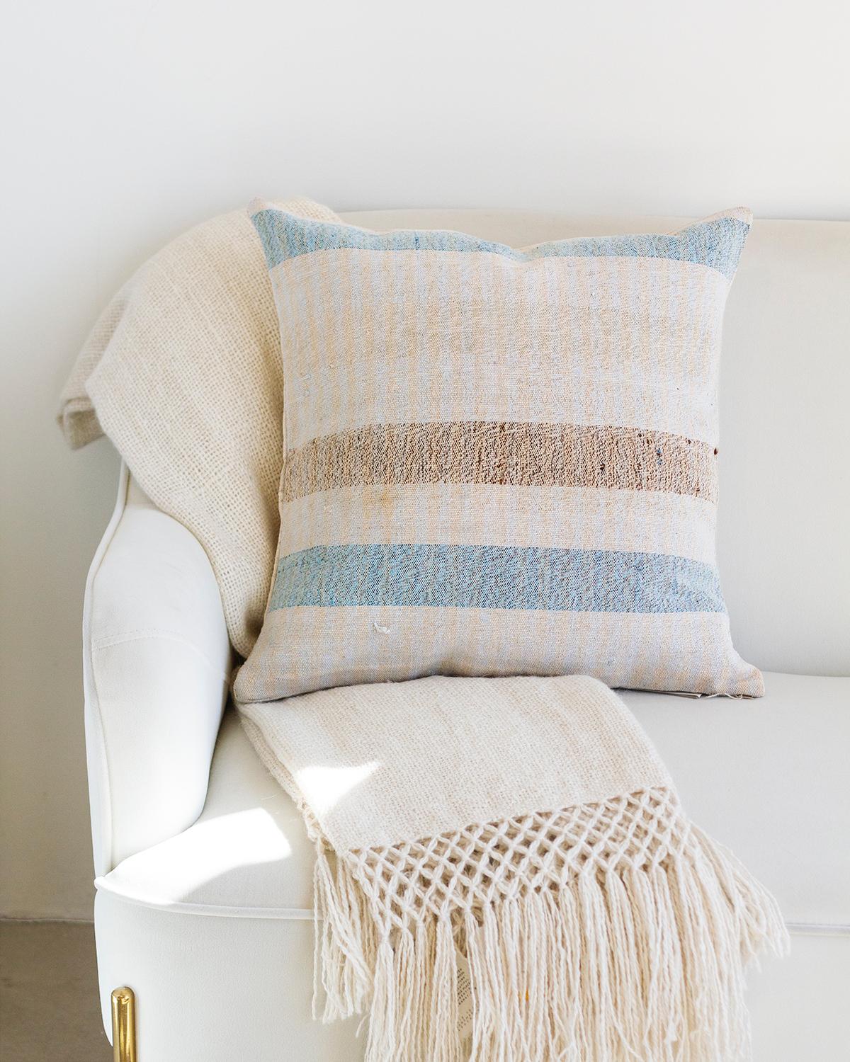 Portuguese Matilde Blue and Brown Striped Lumbar Throw Pillow made from Vintage Linen For Sale