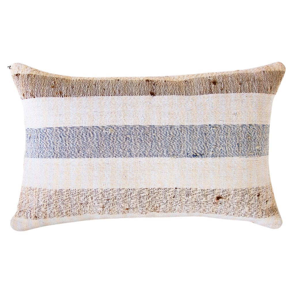 Matilde Blue and Brown Striped Lumbar Throw Pillow made from Vintage Linen For Sale