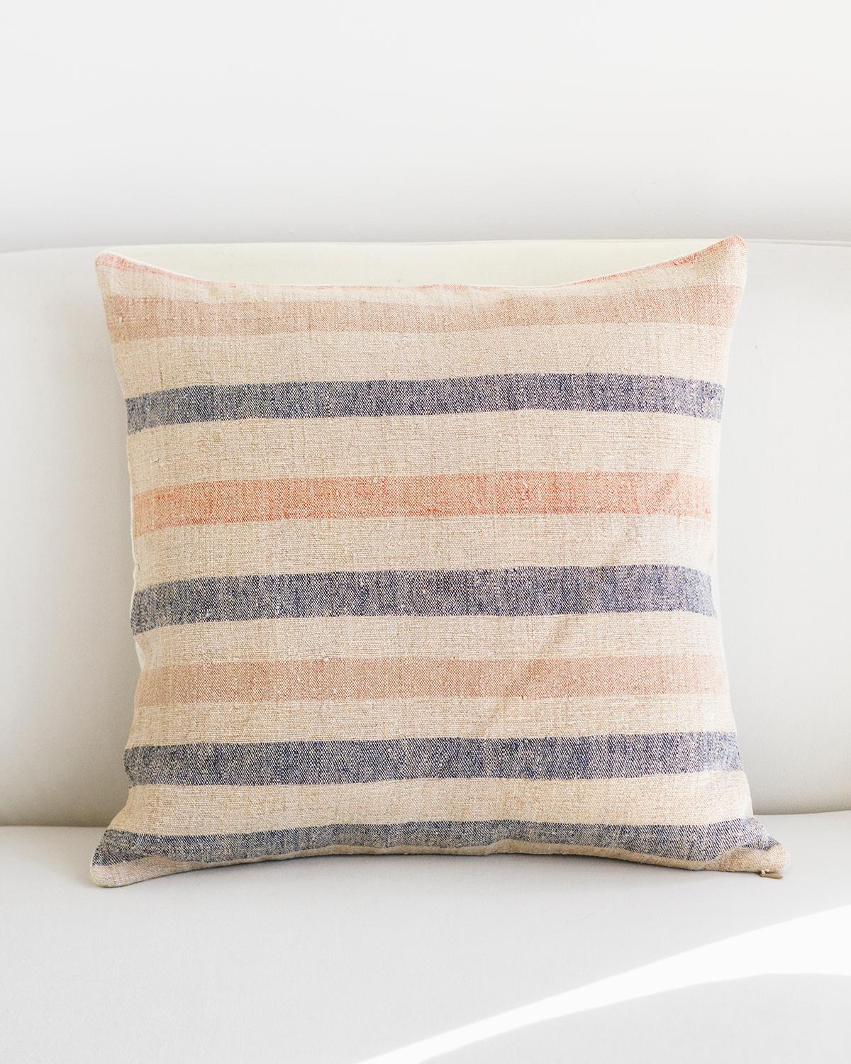 Rustic Matilde Blue and Pink Stripe Throw Pillow made from Vintage Linen For Sale