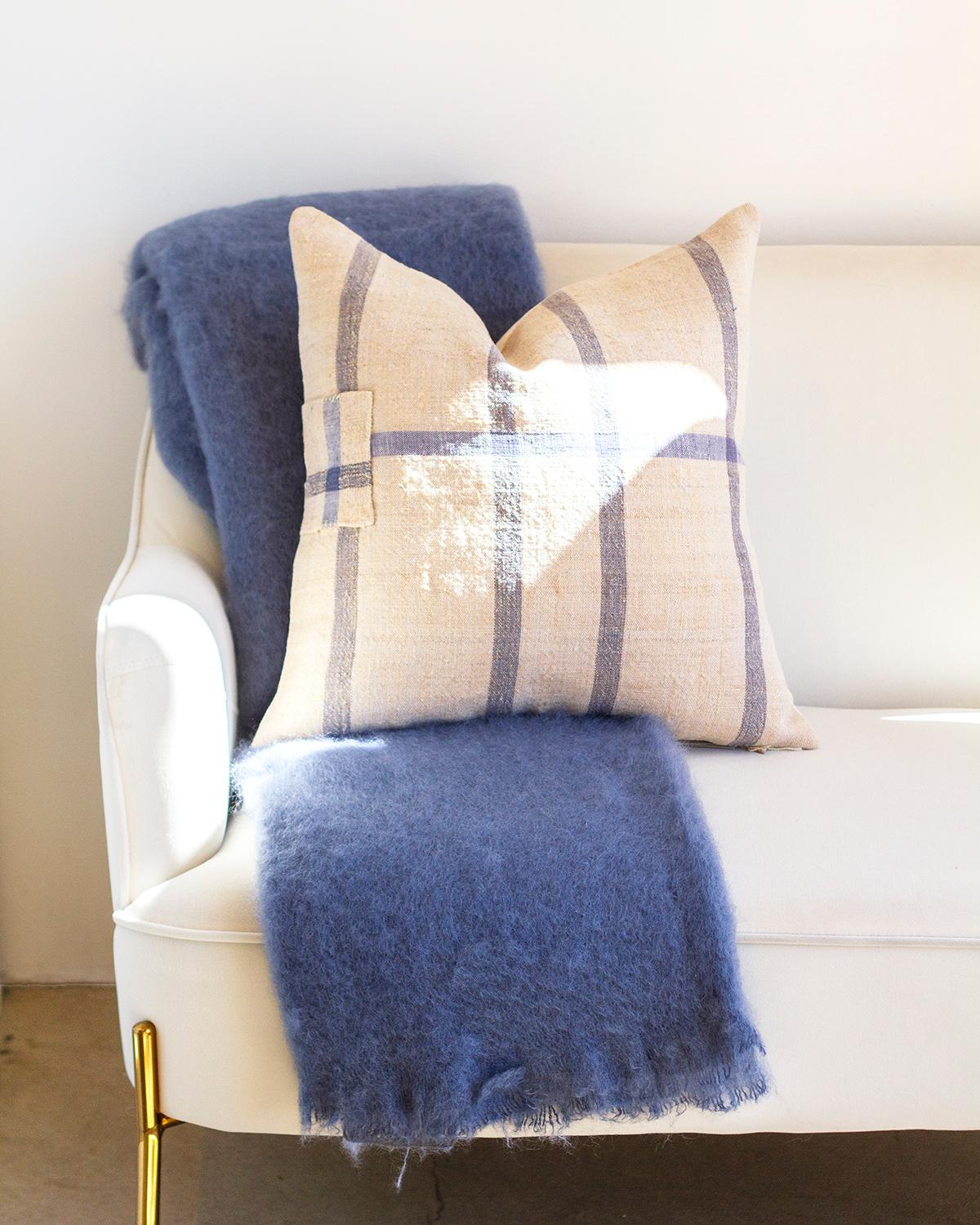 Hand-Crafted Matilde Blue Checkered Lumbar Throw Pillow made from Vintage Linen For Sale