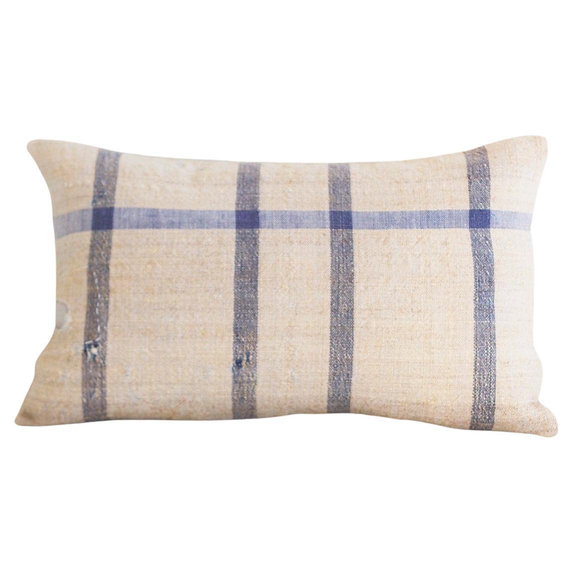 Matilde Blue Checkered Lumbar Throw Pillow made from Vintage Linen For Sale