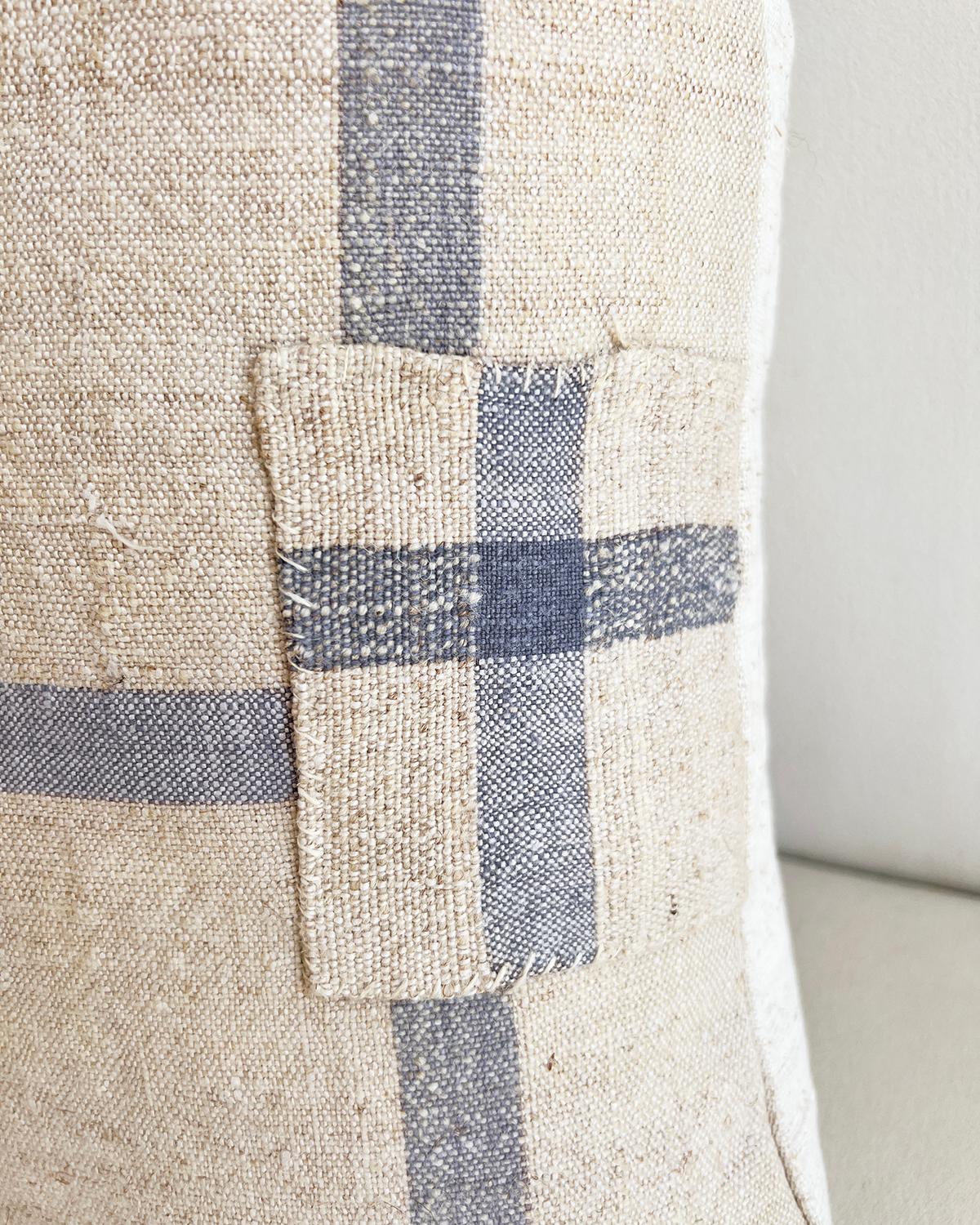 Portuguese Matilde Blue Checkered Square Throw Pillow made from Vintage Linen For Sale