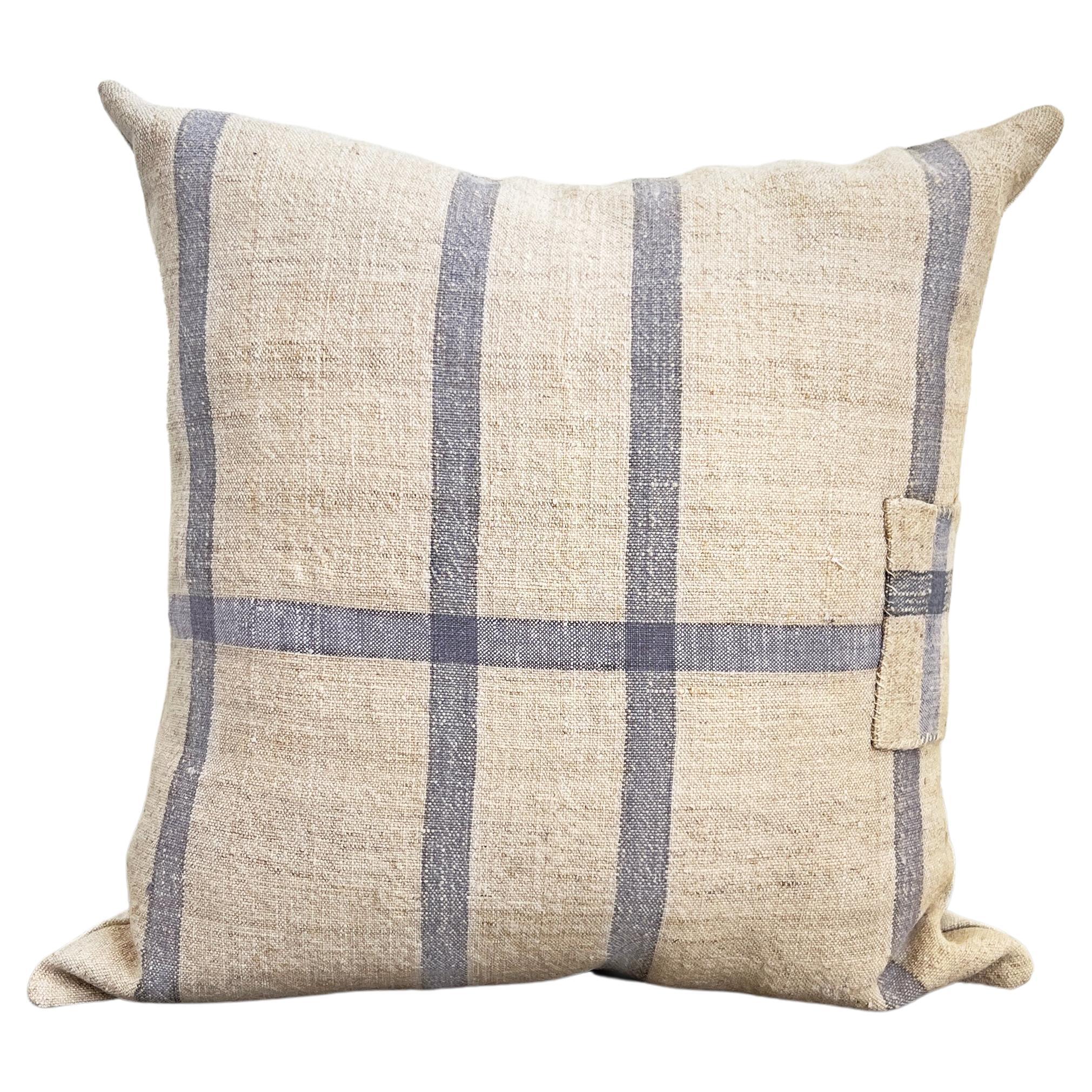 Matilde Blue Checkered Square Throw Pillow made from Vintage Linen For Sale