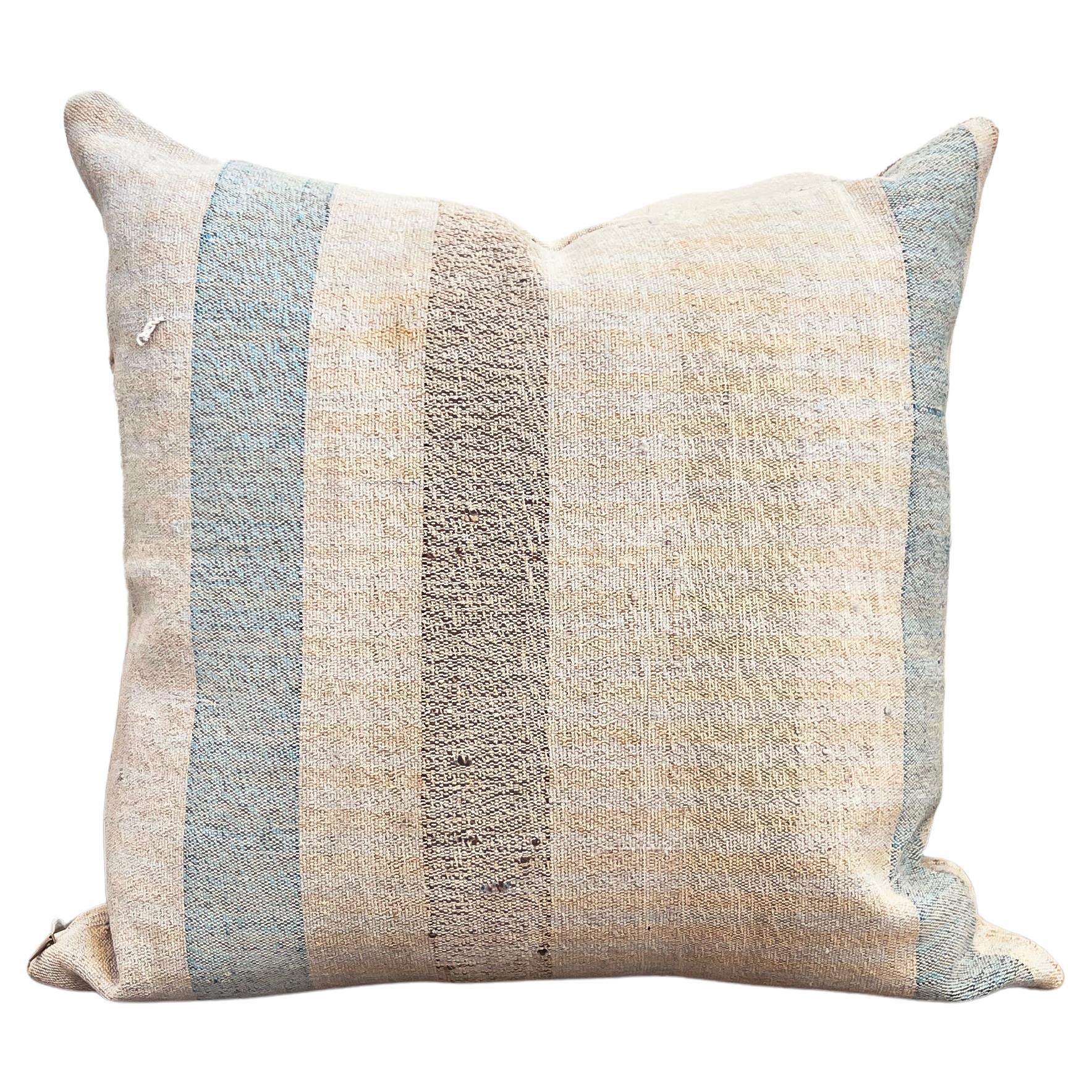 Matilde Blue Stripe Square Throw Pillow made from Vintage Linen For Sale