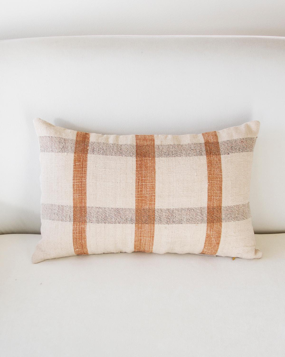 Rustic Matilde Brick Checkered Lumbar Throw Pillow made from Vintage Linen For Sale