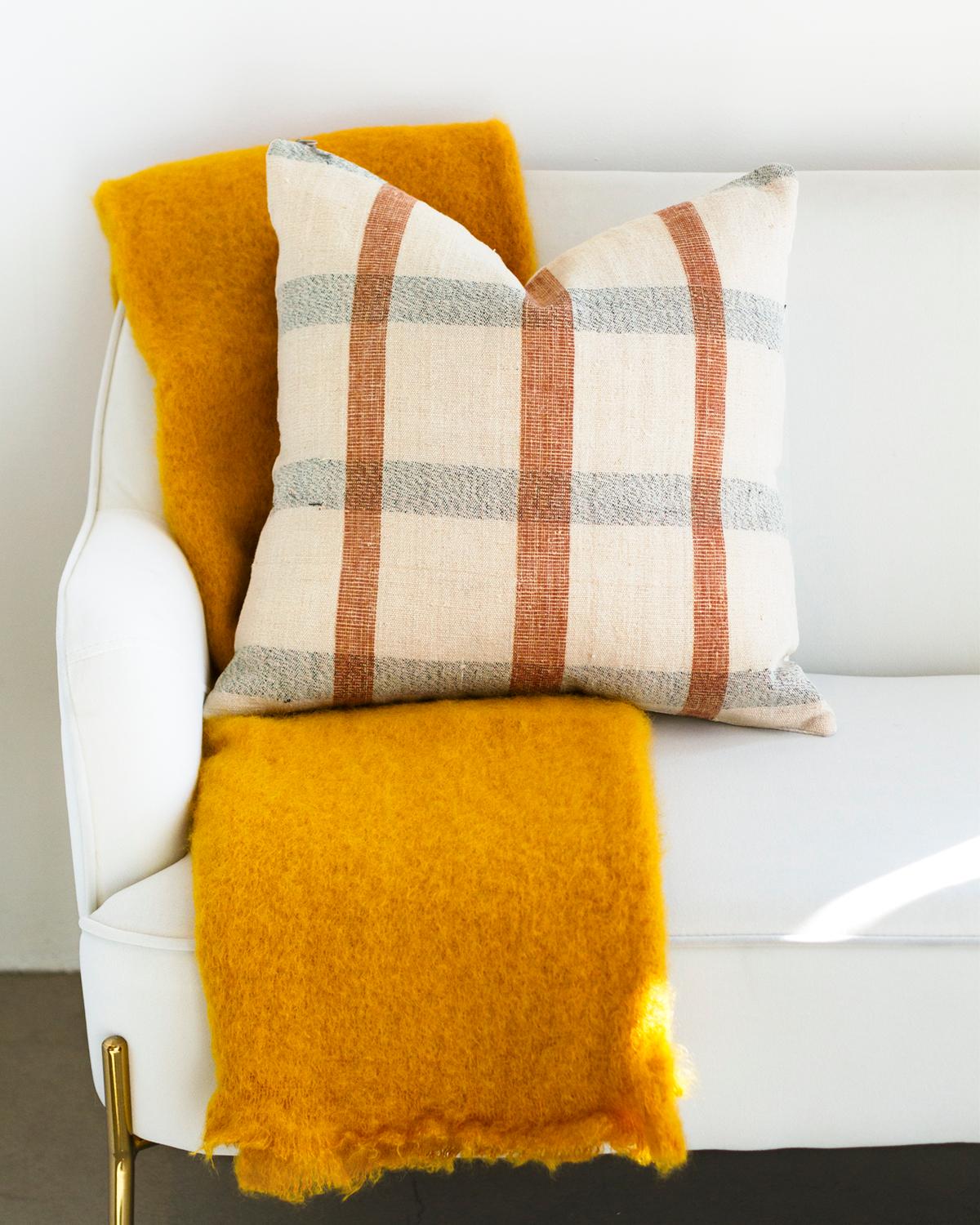 Hand-Crafted Matilde Brick Checkered Lumbar Throw Pillow made from Vintage Linen For Sale