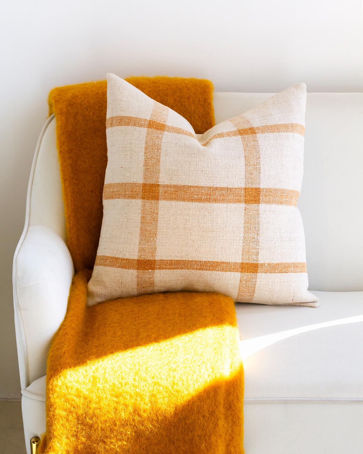Hand-Crafted Matilde Mustard Checkered Lumbar Throw Pillow made from Vintage Linen For Sale