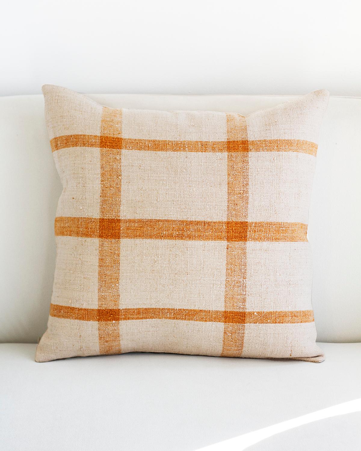 Portuguese Matilde Mustard Checkered Square Throw Pillow made from Vintage Linen For Sale