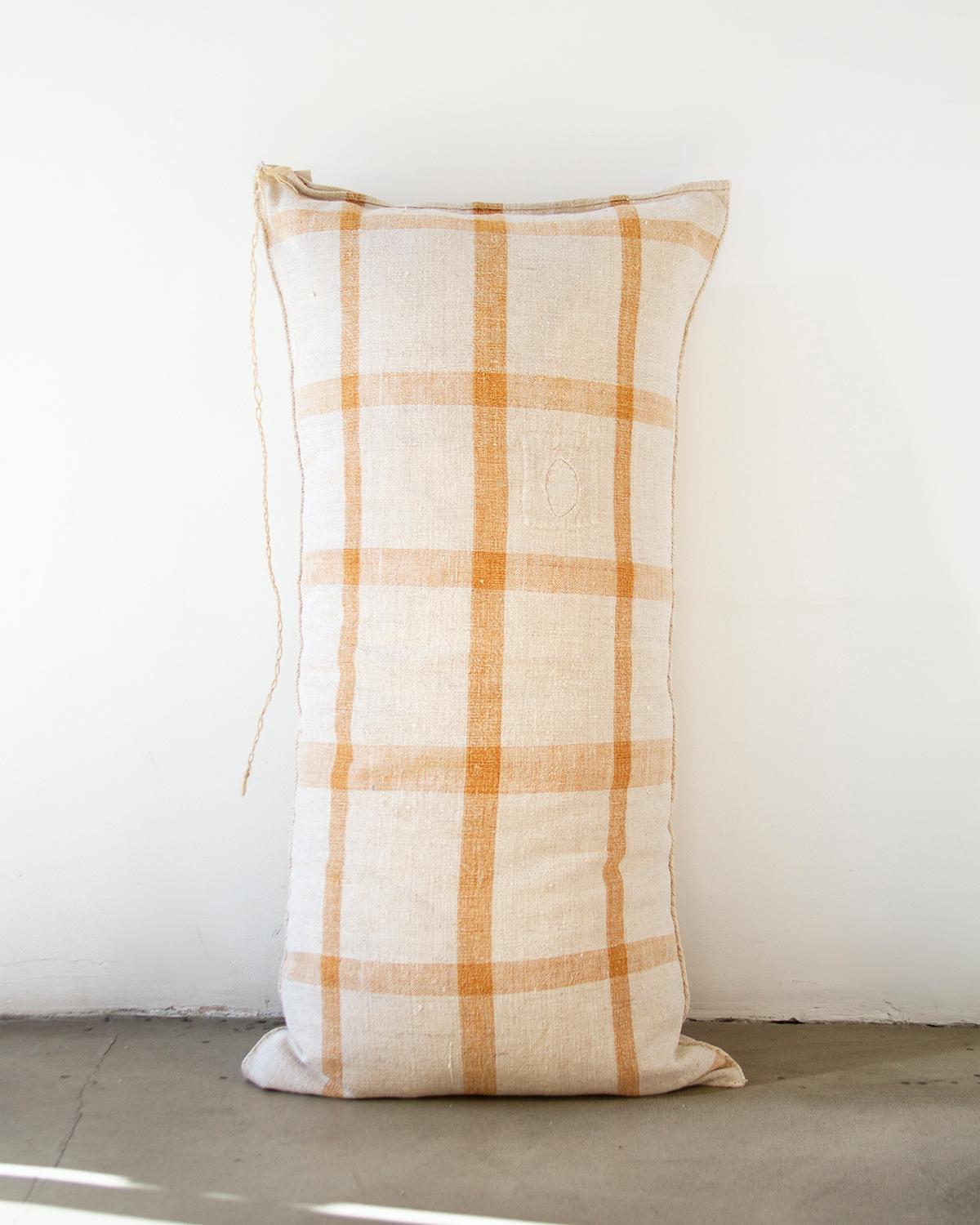 Rustic Matilde Mustard Oversized Lumbar Throw Pillow made from Vintage Linen For Sale