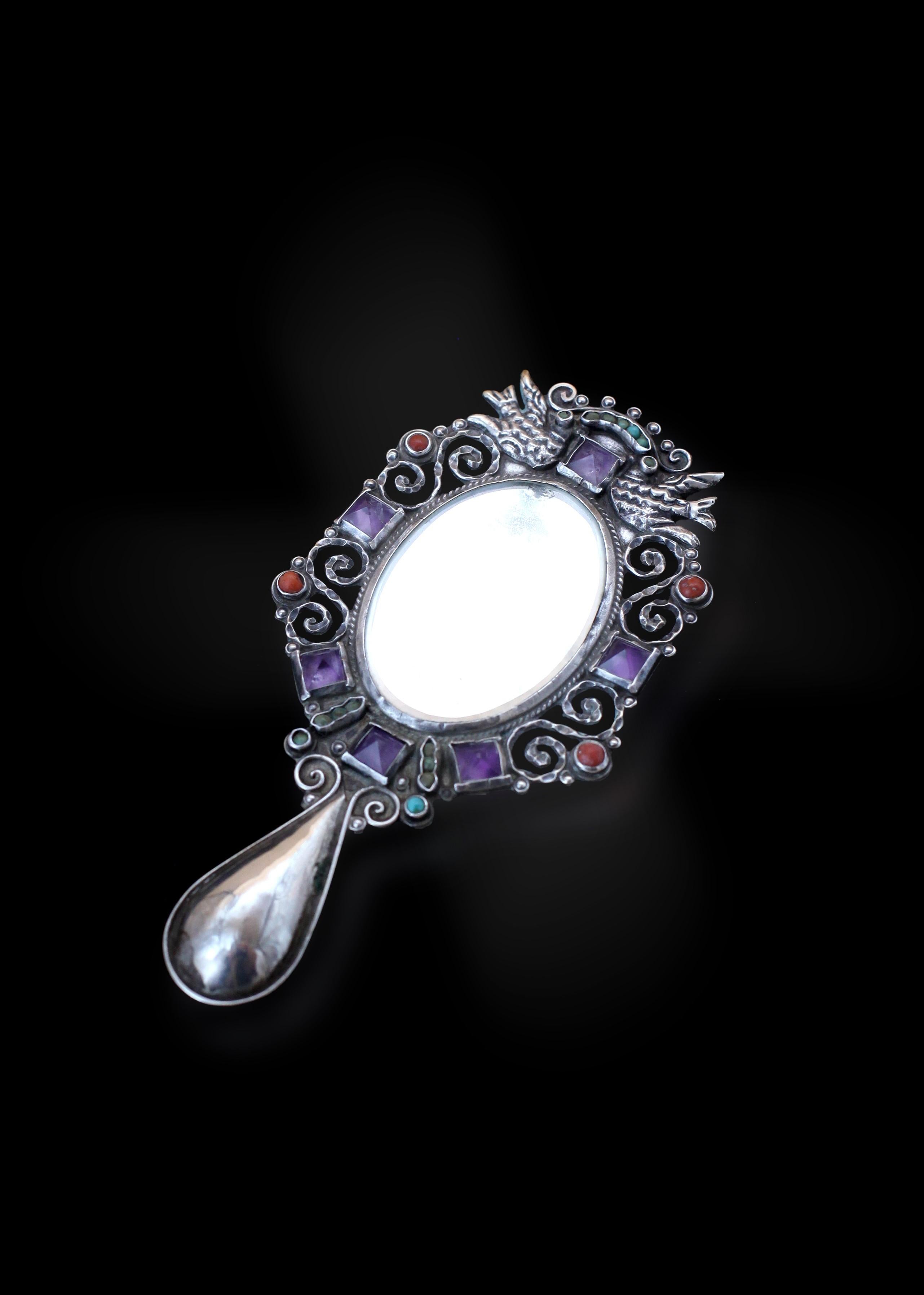 Hand-Crafted Matilde Poulat (d.1960) Gem-set Sterling Mirror For Sale