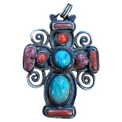 Matilde Poulat Matl Mexican Silver and Turquoise Cross Pendant