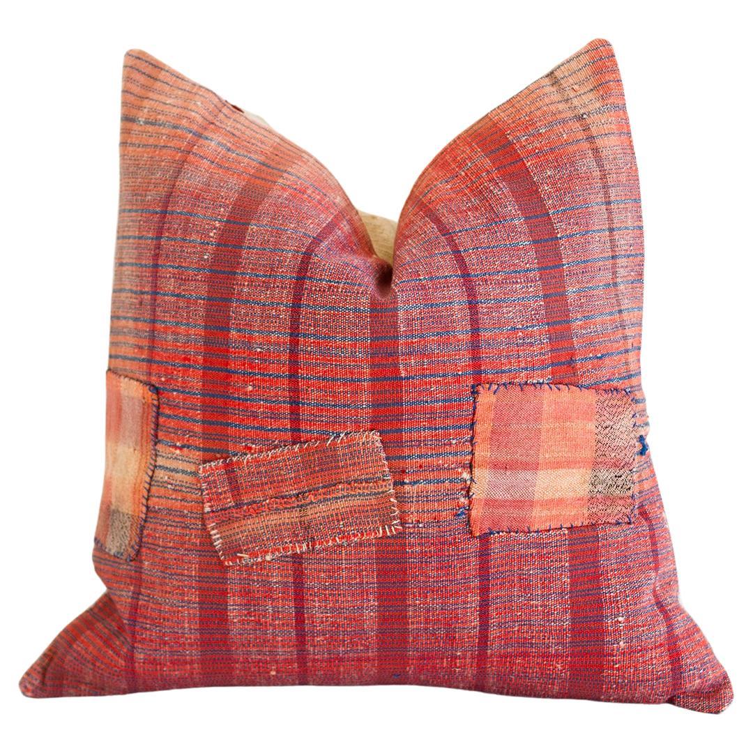 Matilde Red Striped Checkered Lumbar Throw Pillow made from Vintage