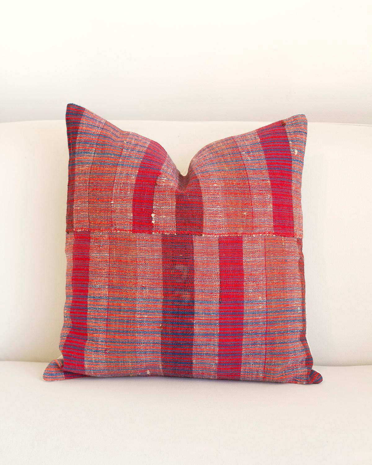 Rustic Matilde Red Striped Checkered Lumbar Throw Pillow made from Vintage Linen For Sale