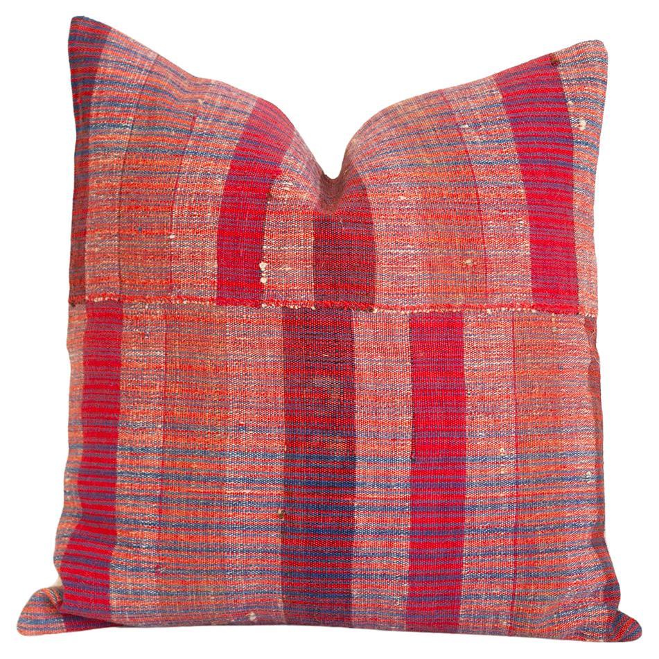 Matilde Red Striped Checkered Lumbar Throw Pillow made from Vintage