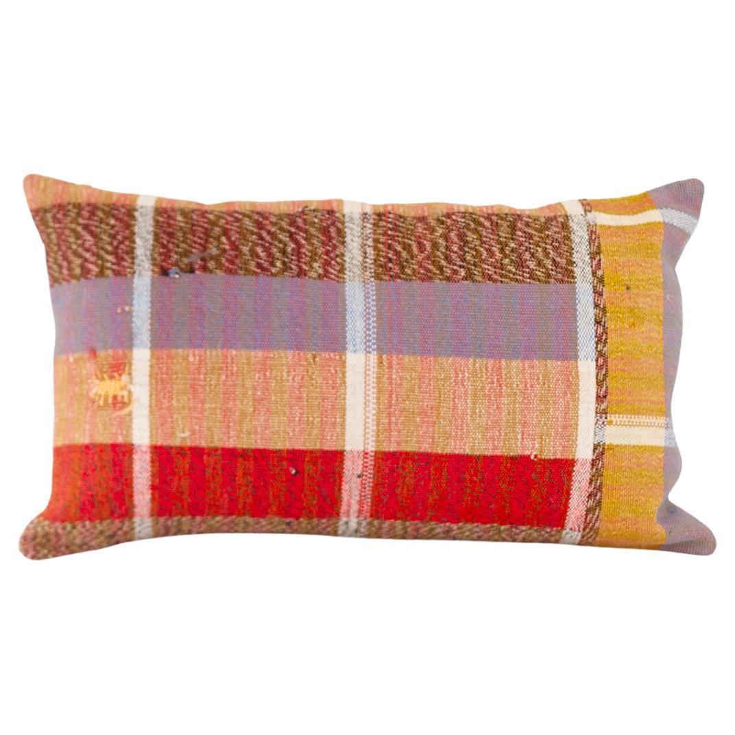 Matilde Red, Yellow, Blue Checkered Lumbar Throw Pillow made from Vintage Linen For Sale