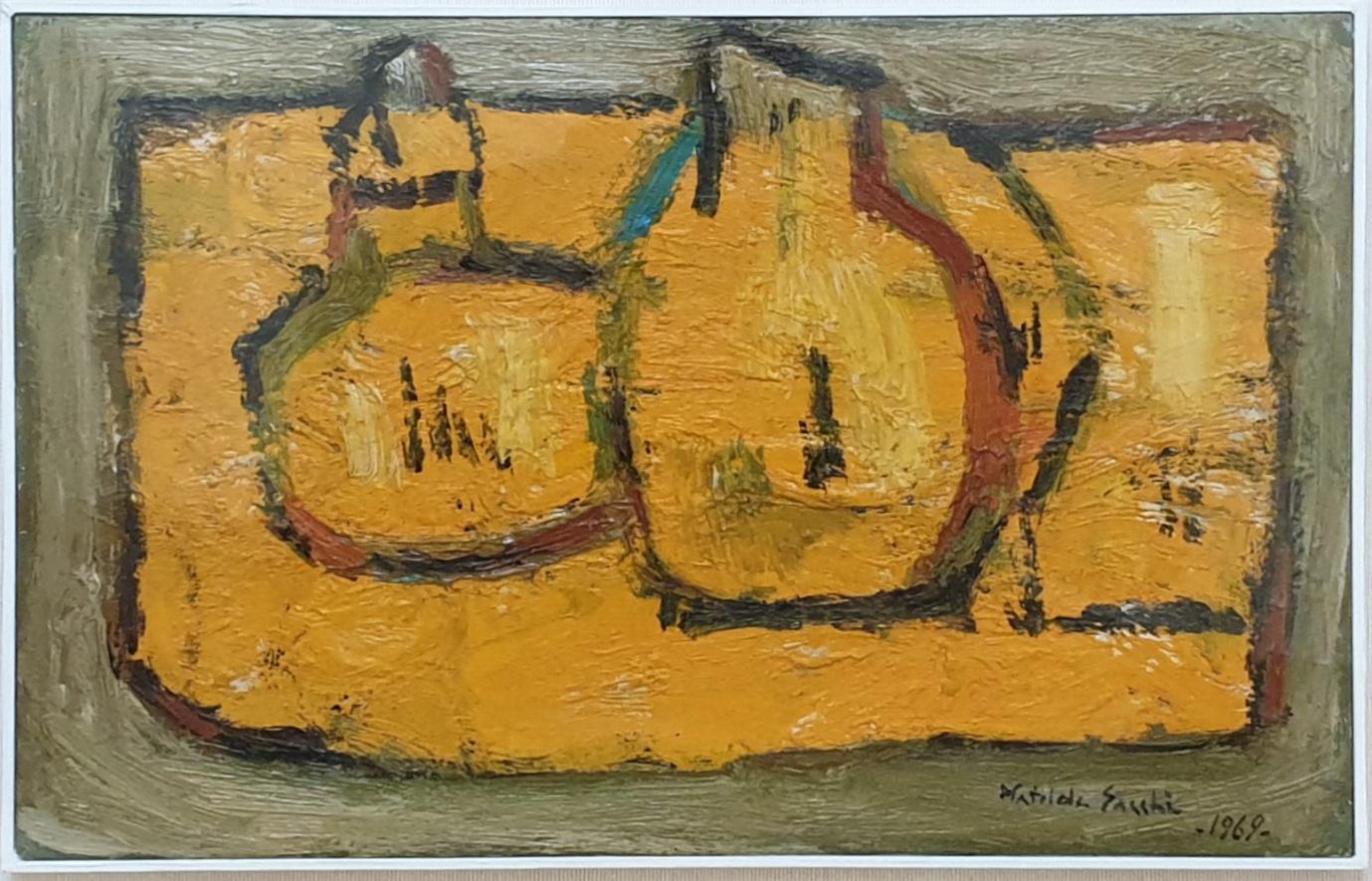 Mid-Century-Tischlandschaft in Orange. Öl auf Leinwand auf Karton. – Painting von Matilde Sacchi
