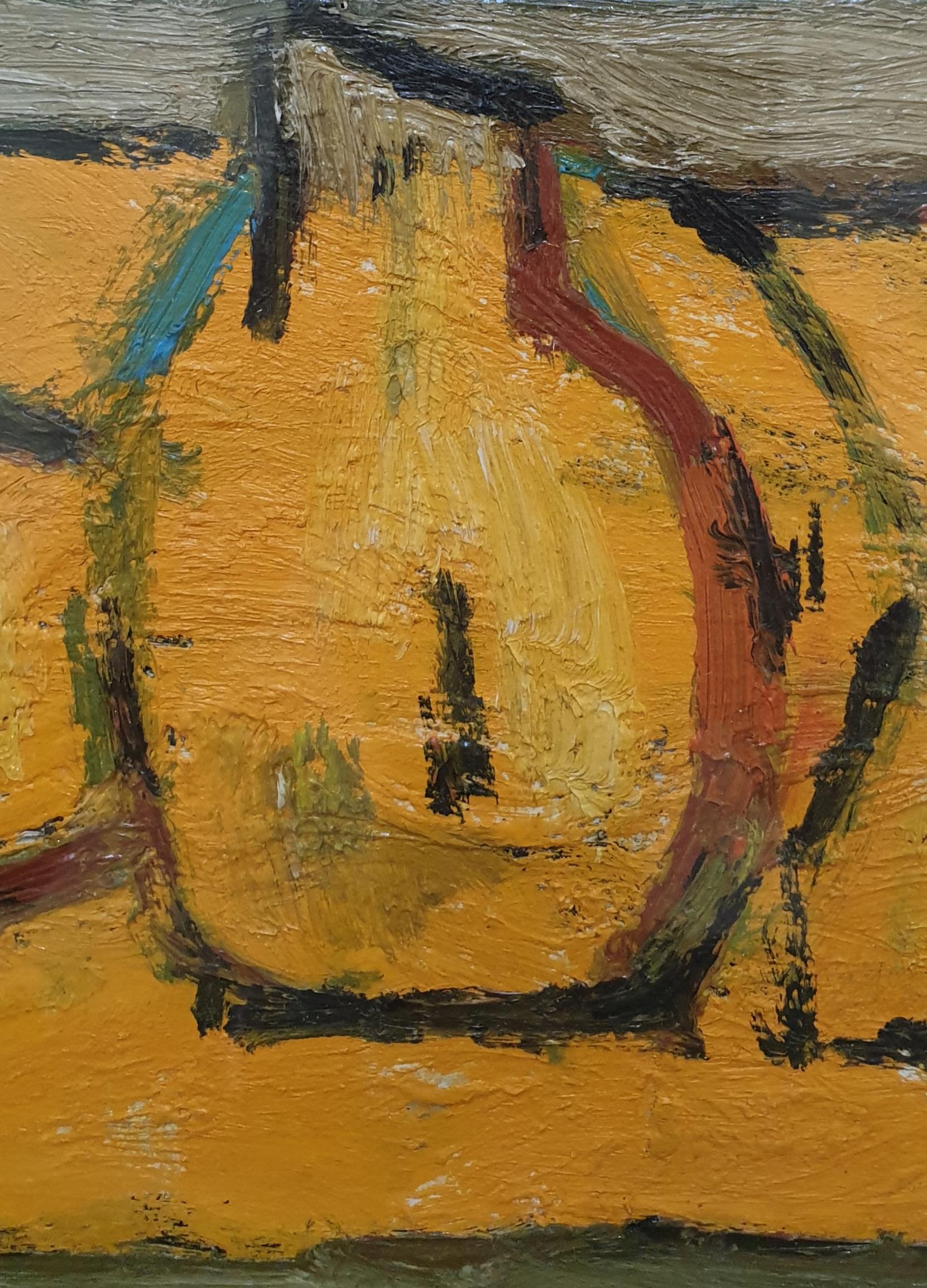 Mid-Century-Tischlandschaft in Orange. Öl auf Leinwand auf Karton. (Moderne), Painting, von Matilde Sacchi