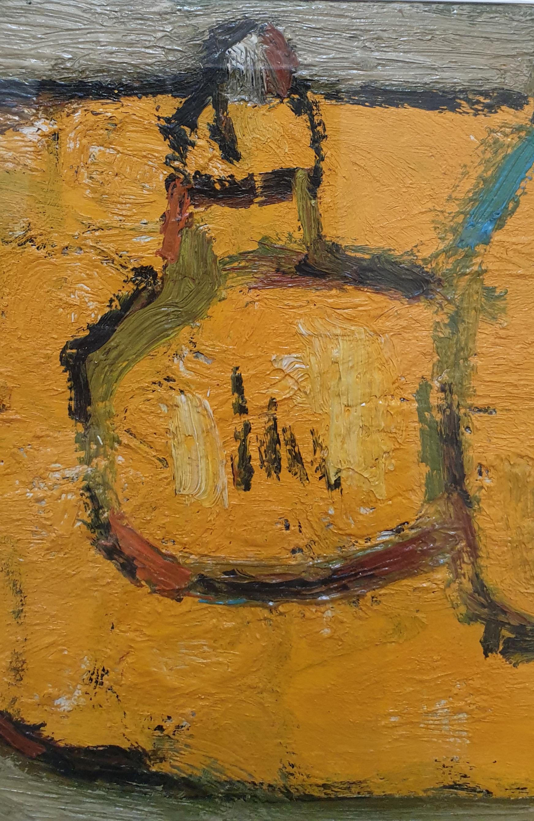 Mid-Century-Tischlandschaft in Orange. Öl auf Leinwand auf Karton. (Grau), Still-Life Painting, von Matilde Sacchi