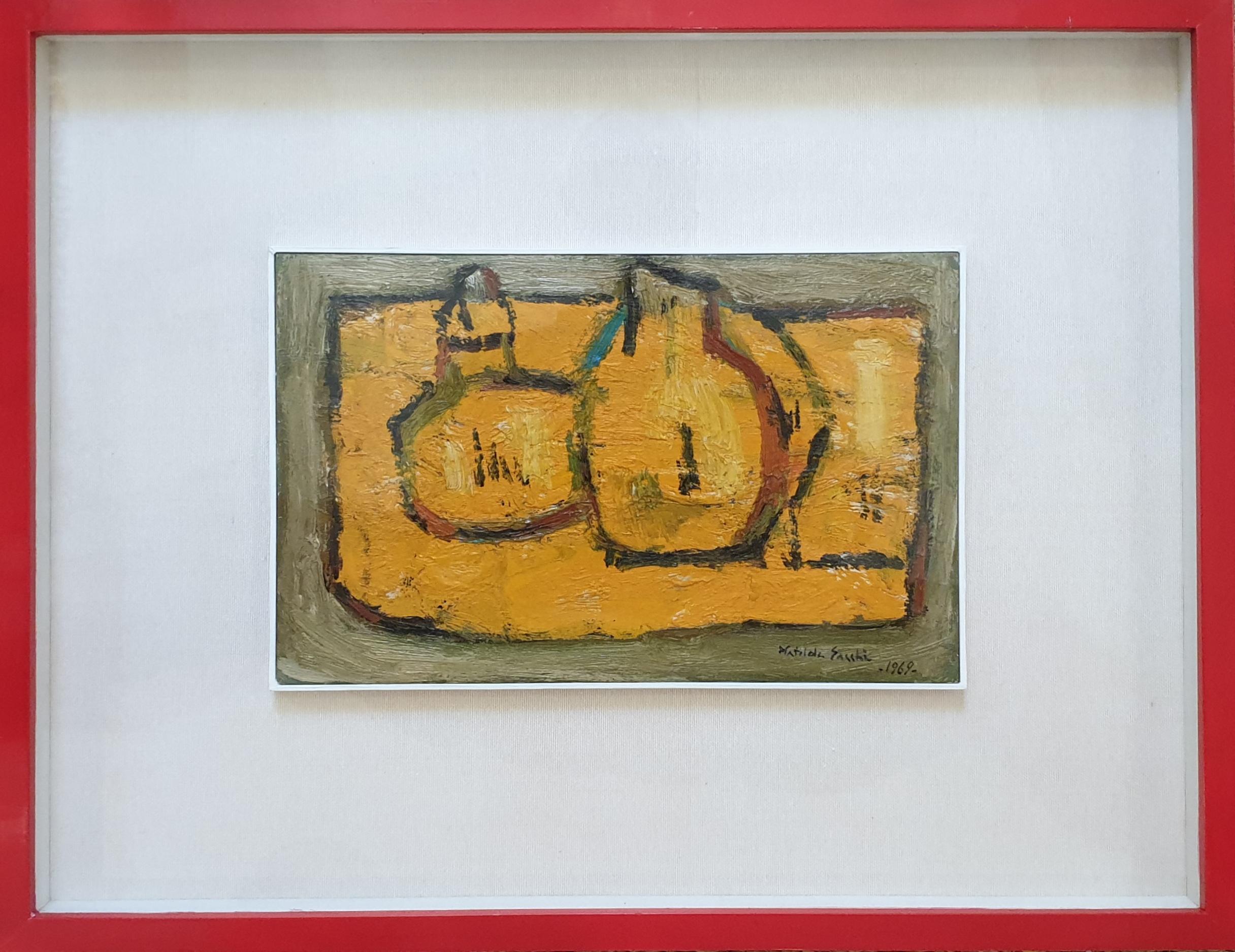 Paysage de table du milieu du siècle en orange. Huile sur toile sur panneau.