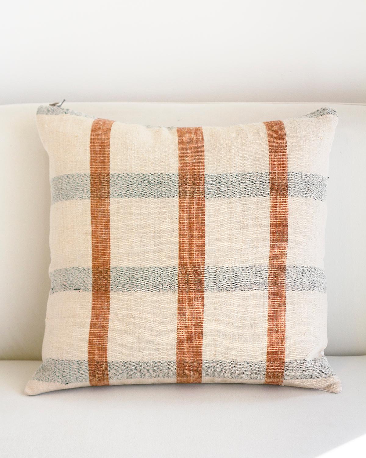 Rustic Matilde Terracotta Checkered Square Throw Pillow made from Vintage Linen For Sale
