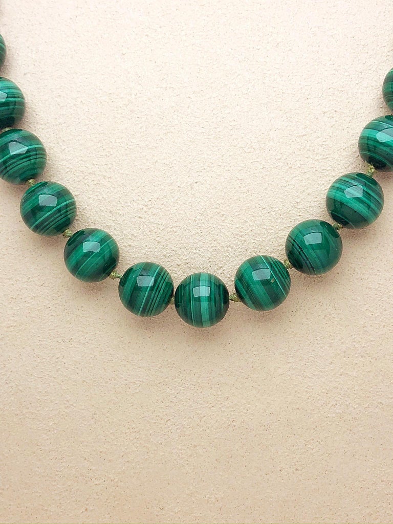 Matinee Length Polished Malachite Beaded Necklace with 14 Karat Gold