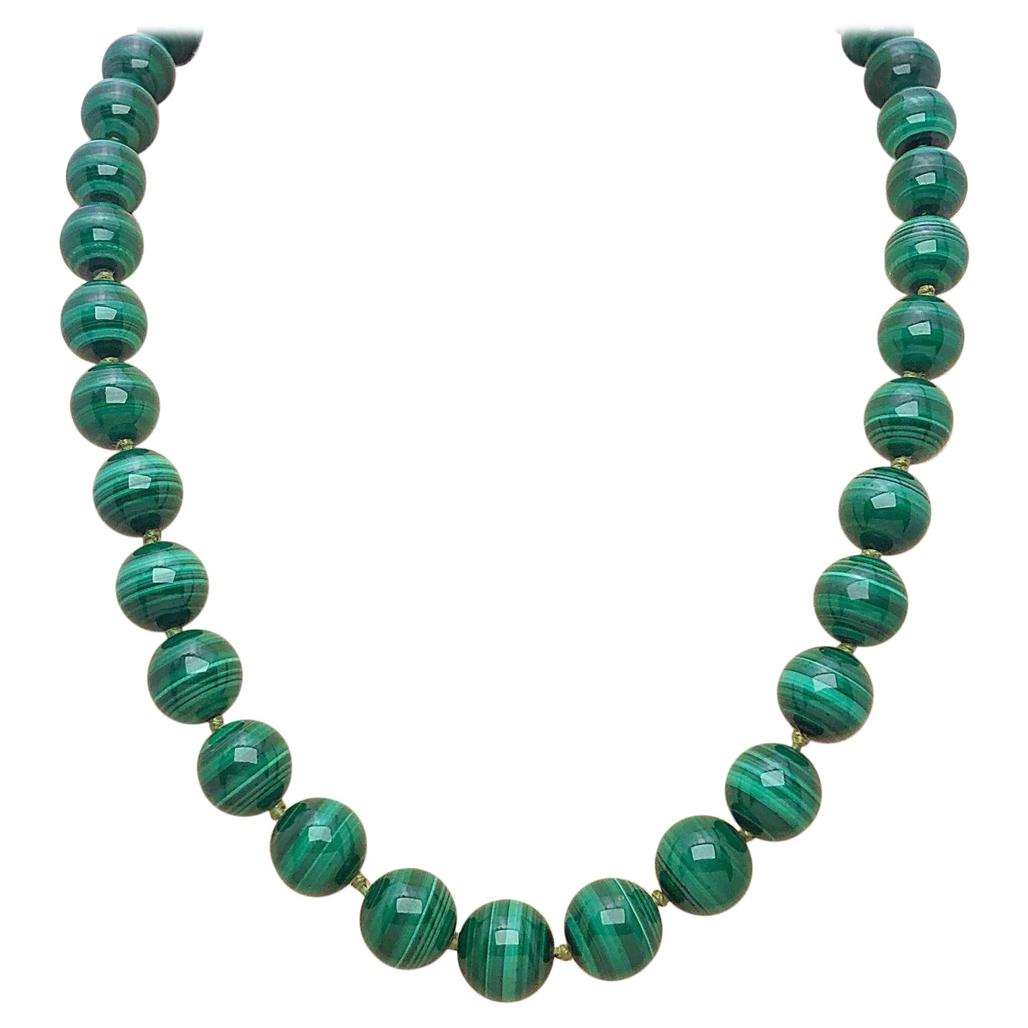 Matinee Length Polished Malachite Beaded Necklace with 14 Karat Gold Clasp