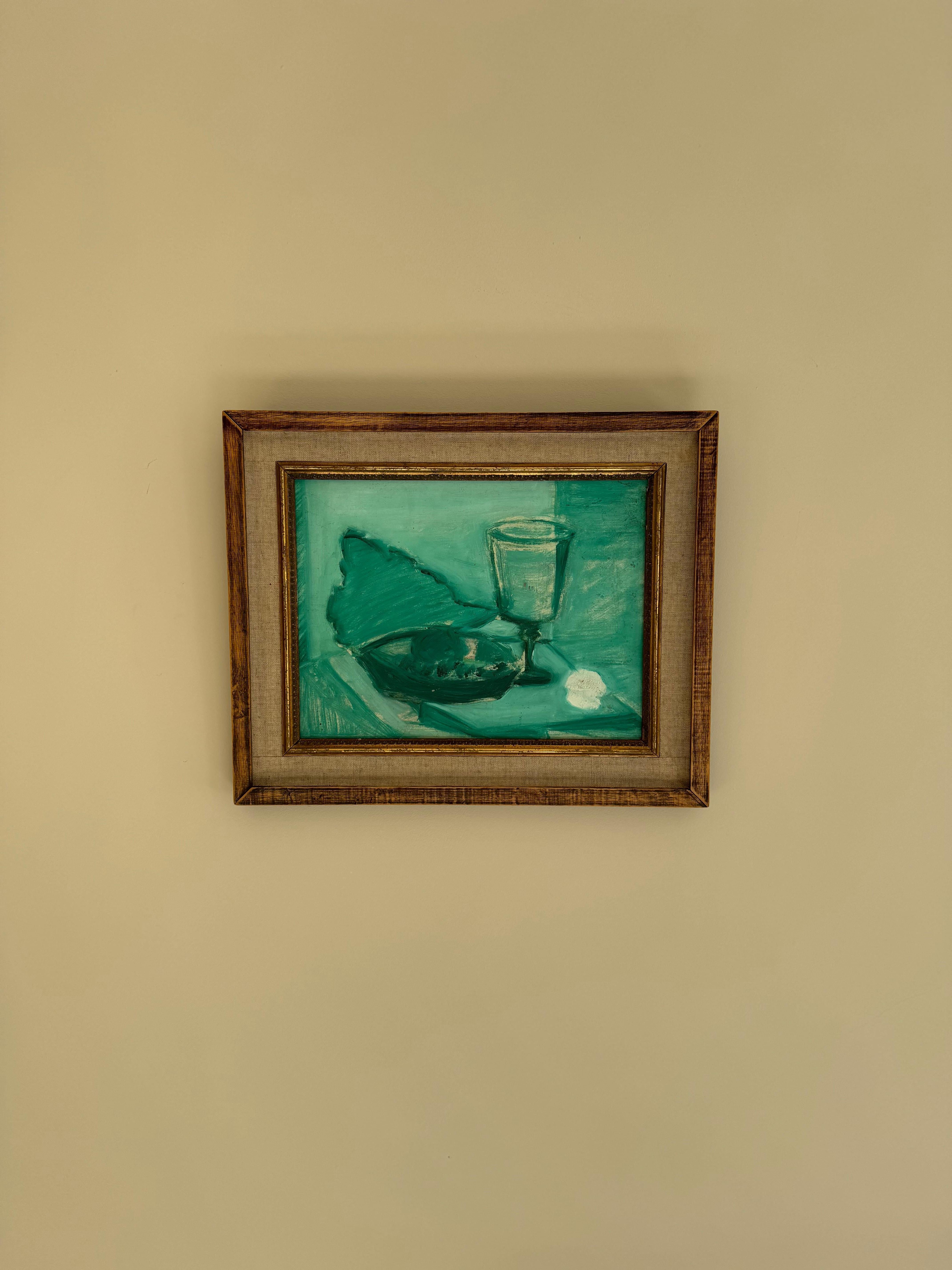 Peinture à l'huile sur carton d'artiste inspirée de Matisse, datant des années 1950, avec cadre doré et monté sur toile de lin.