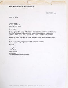 Matisse Picasso, From the Estate of Herbert Kasper, Thank You Letter From MOMA