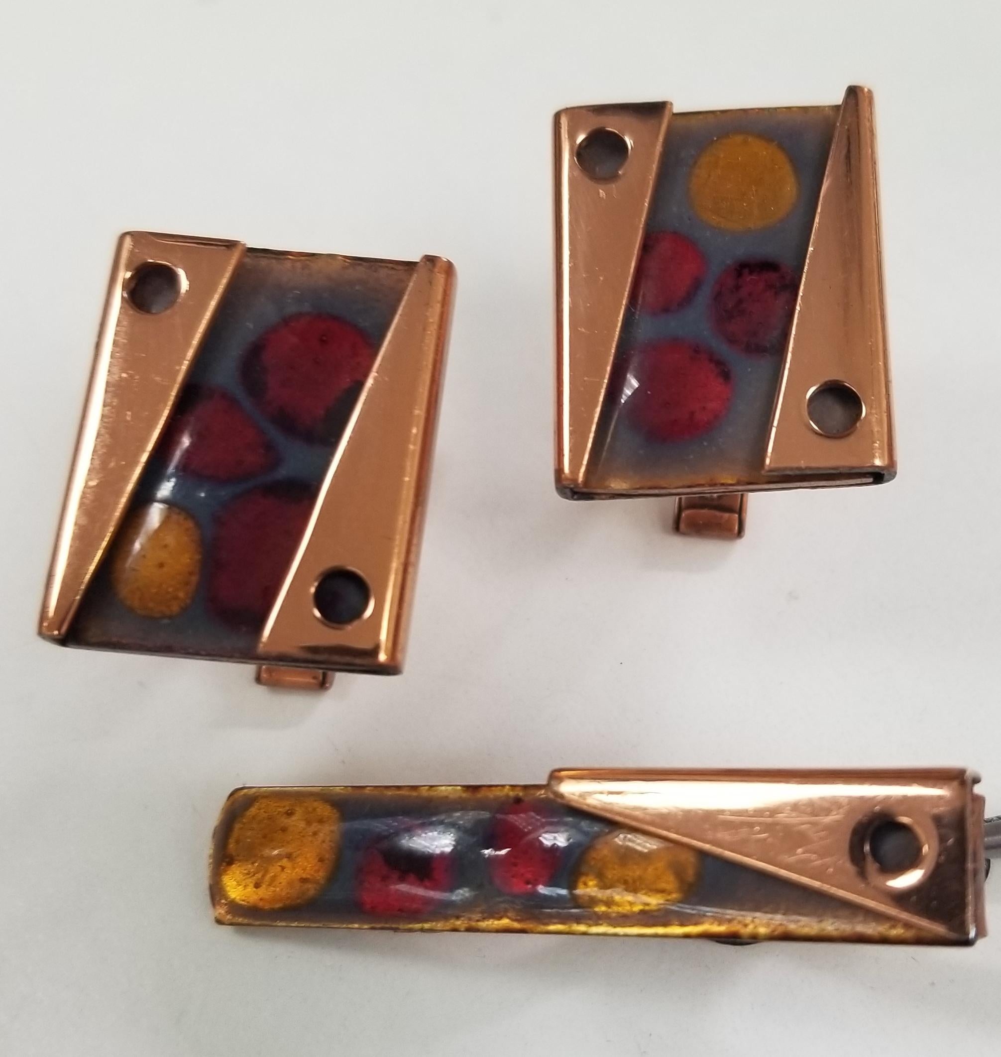 Matisse Rare Set of Vintage 1950s Abstract Modernist Enamel on Copper Cuff Link 5