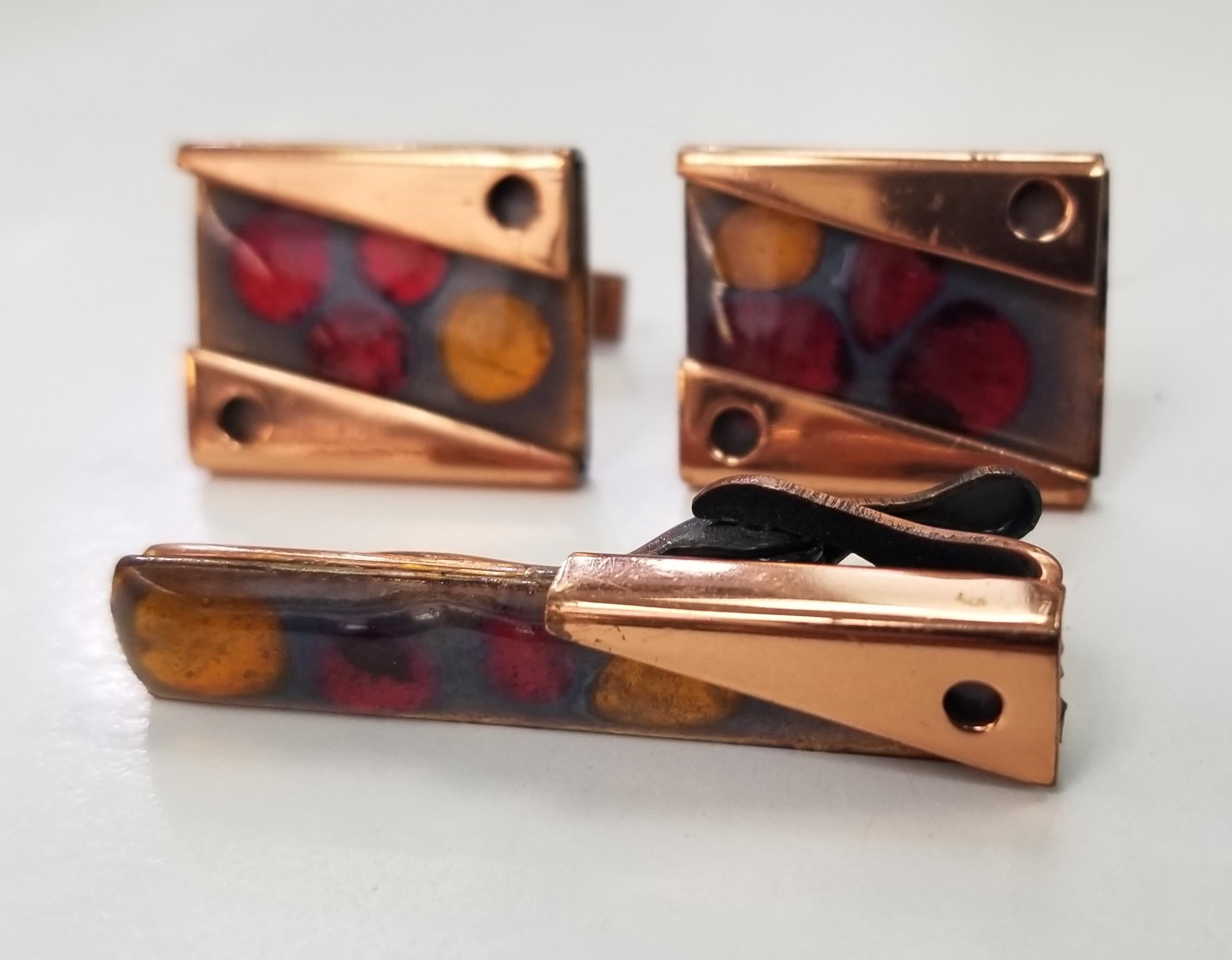Matisse Rare Set of Vintage 1950s Abstract Modernist Enamel on Copper Cuff Link 3
