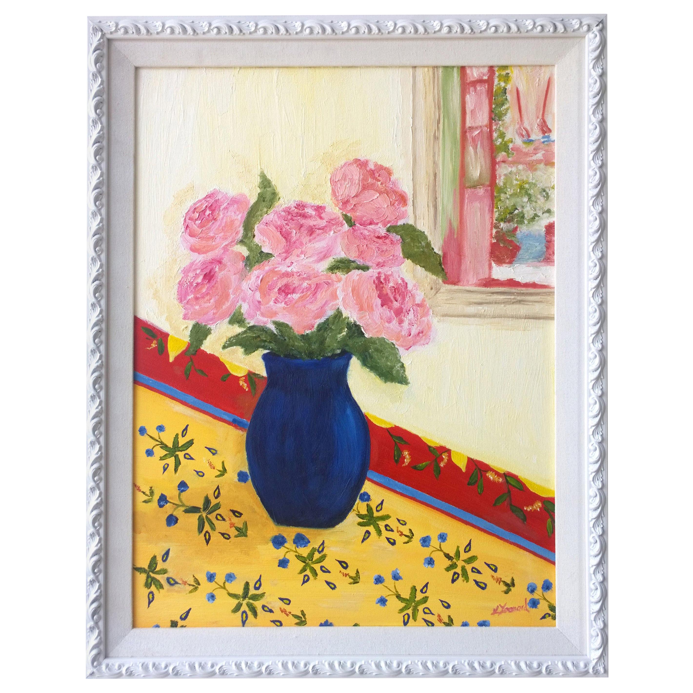 Matisse Style Kelly Yoonard 20th Century Pink, Yellow and Blue Floral Still Life For Sale