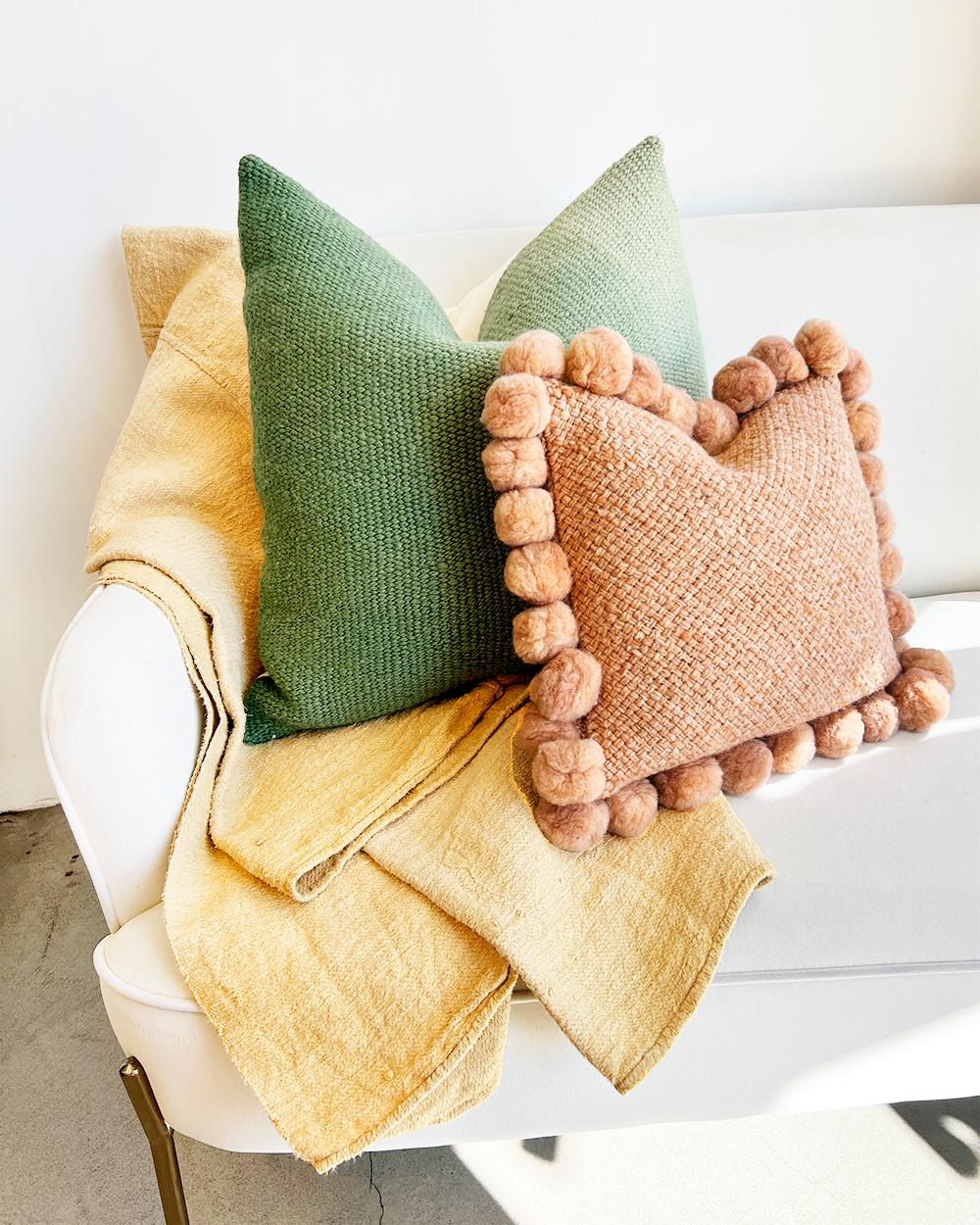 Organic Modern Matiz Matcha Green Ombre Throw Pillow Handwoven Textured Sheep Wool For Sale