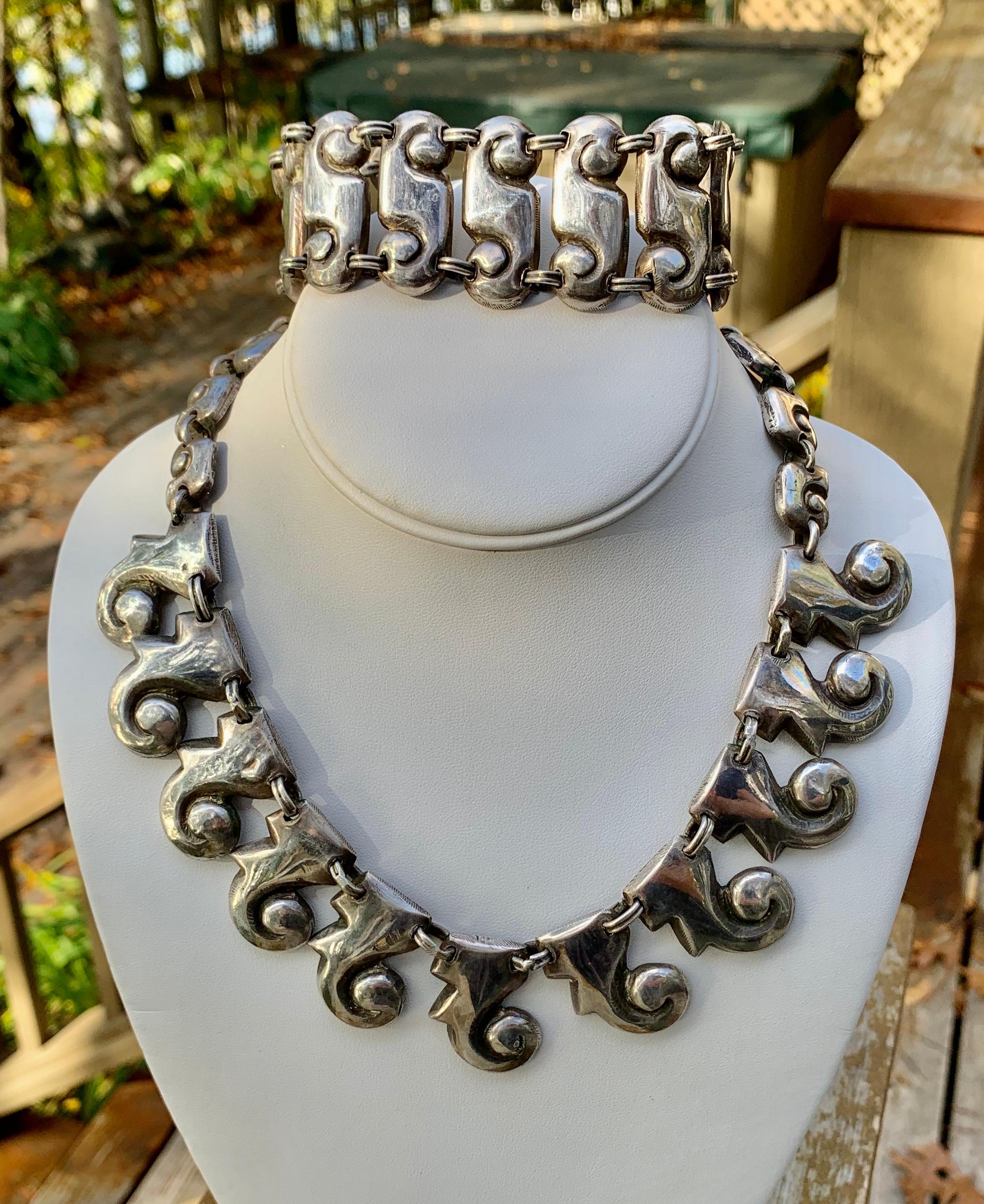 Modernist MATL Matilde Poulat Mexican Necklace Bracelet Suite Sterling Silver Rare