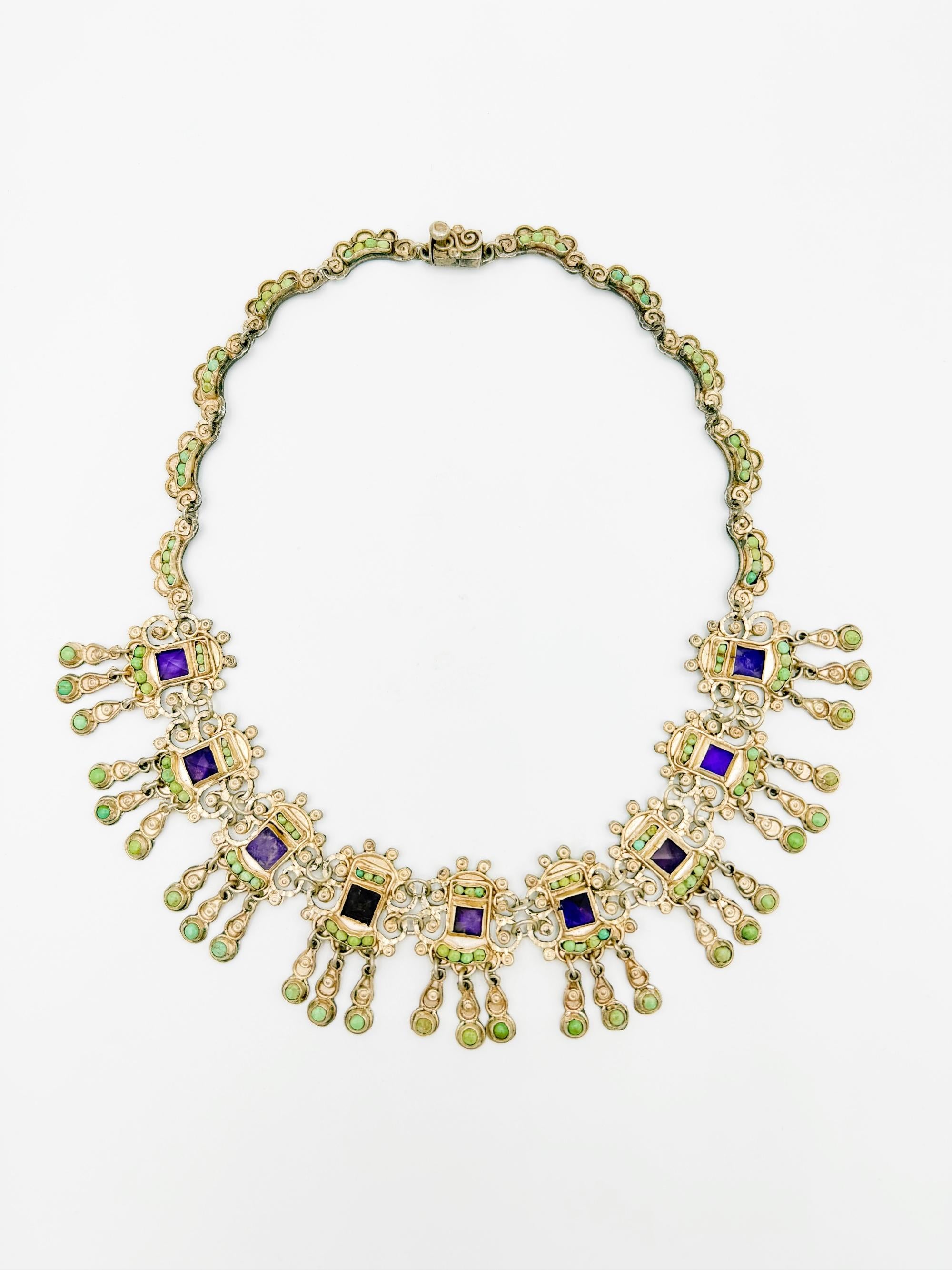 Artisan Collier en argent de Matl Salas avec améthyste et turquoise, argent mexicain 1970 en vente