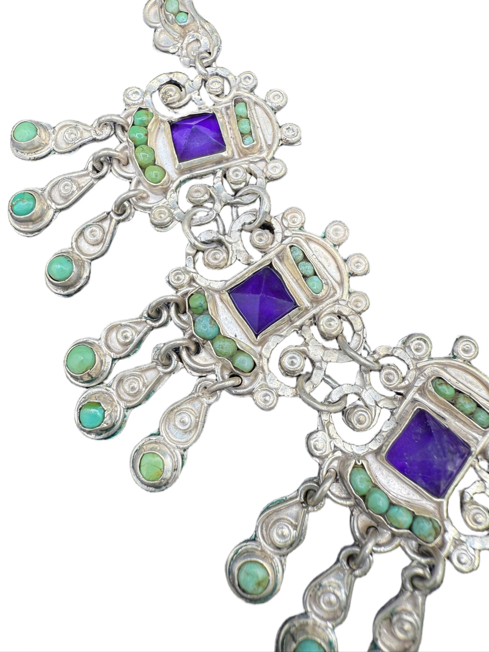 Collier en argent de Matl Salas avec améthyste et turquoise, argent mexicain 1970 Bon état - En vente à North Attleboro, MA