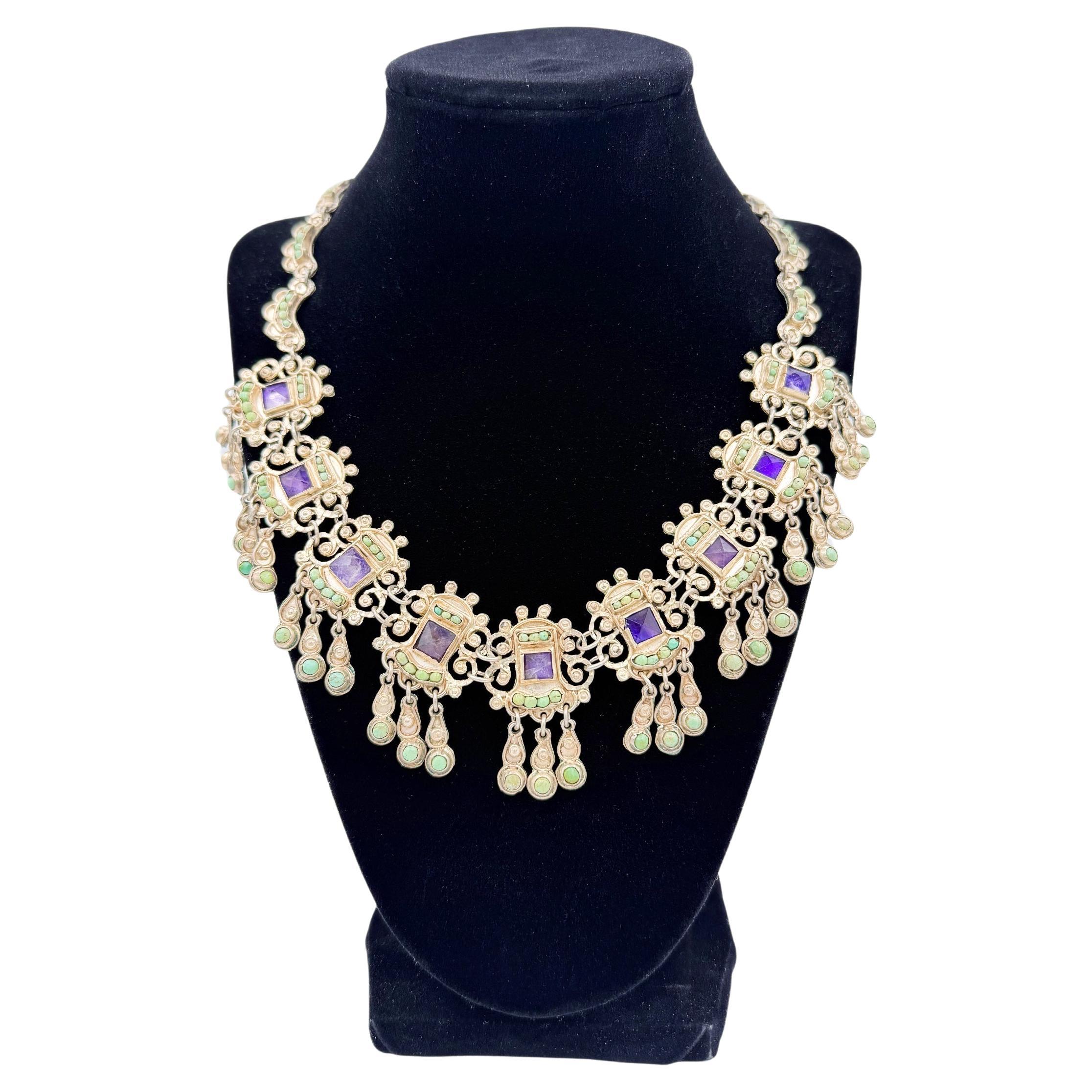 Matl Salas Collar de Plata con Amatista y Turquesa, Plata Mexicana Años 70