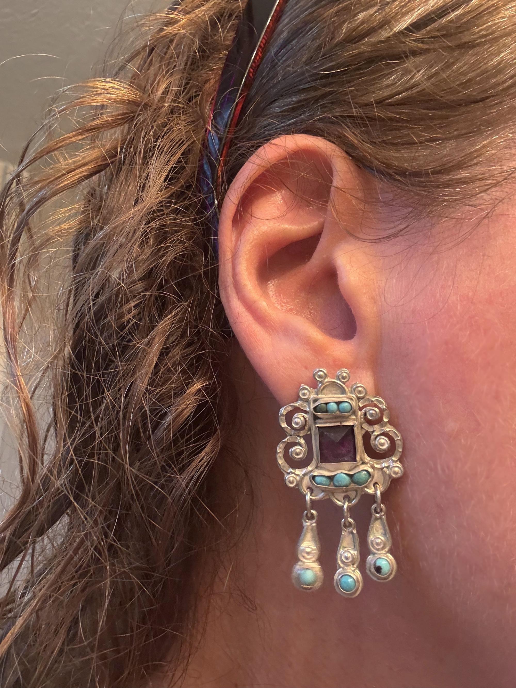 A Silver Boucles d'oreilles avec améthyste et turquoise, MS-12 Artisan Mexico Silver Pour femmes en vente