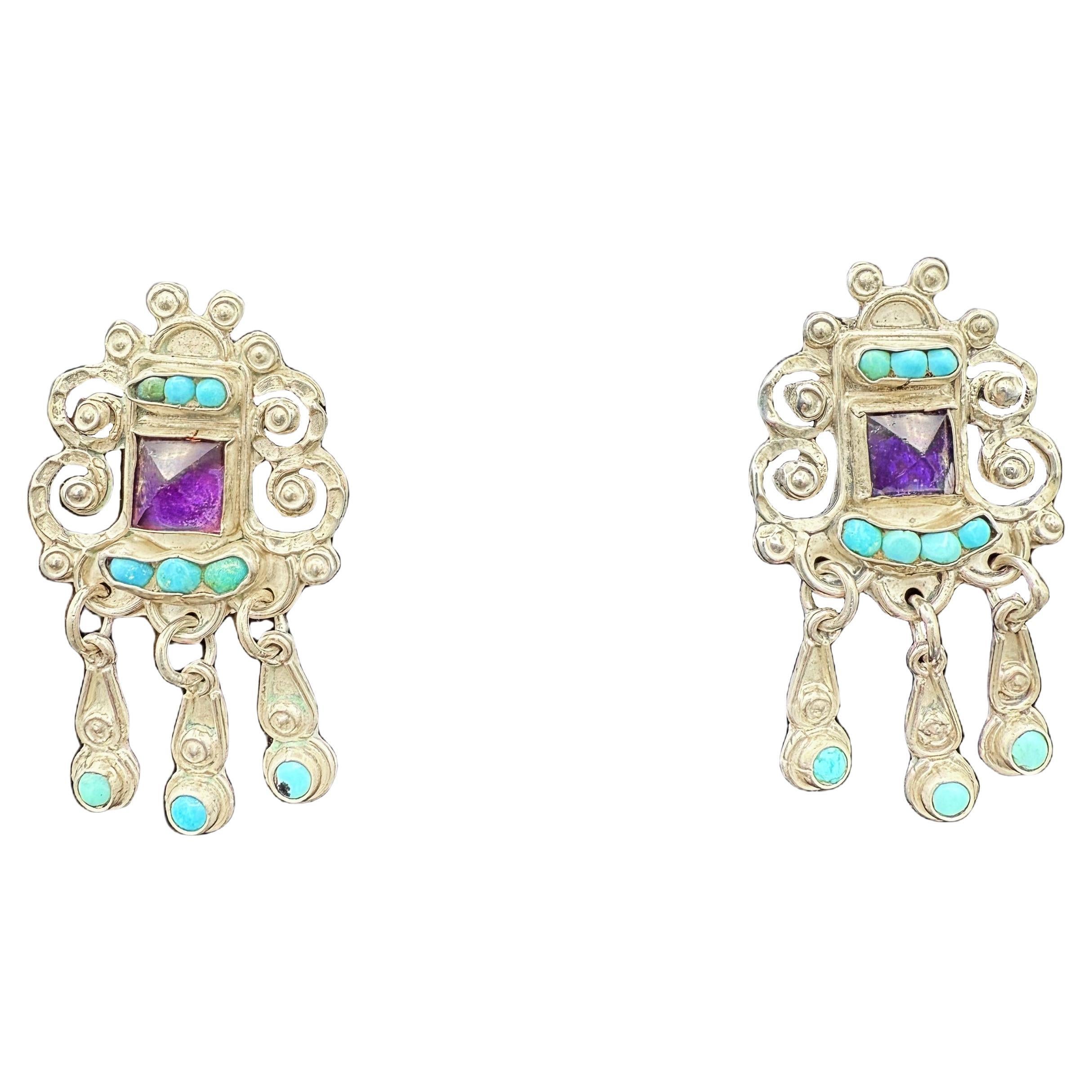 Orecchini in argento Matl con ametista e turchese, argento artigianale del Messico MS-12
