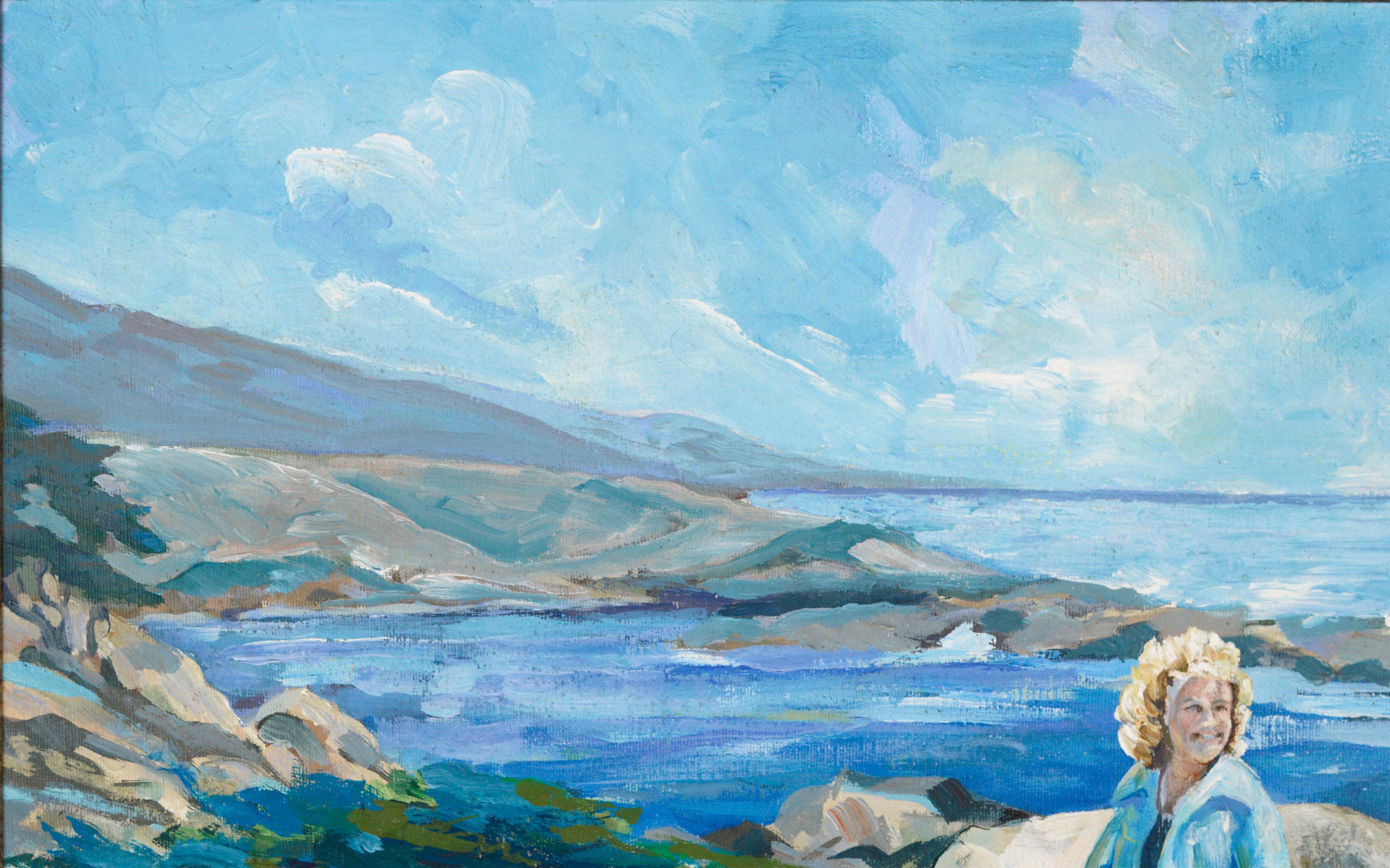 Pacific Grove looking to Big Sur Ocean by Matola
Crashing waves and Cypress Trees and a woman in the sun on the Pacific Grove to Big Sur Coast. Painted in 1983 by California artist named Matola. 
Image, 20