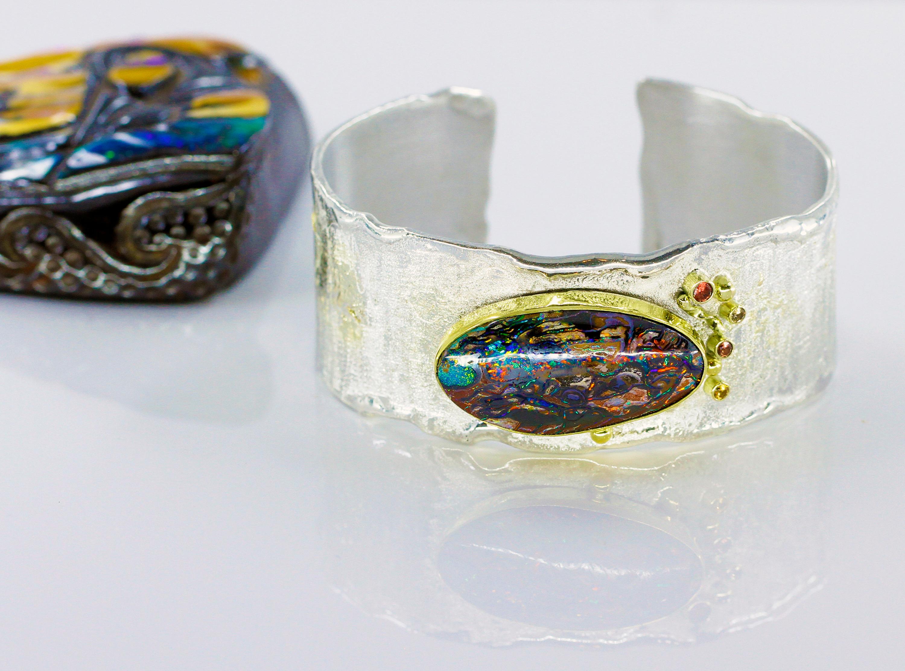 Artisan Bracelet manchette Matrix Boulder Opal 22k 18k 14k Or Argent Sterling en vente