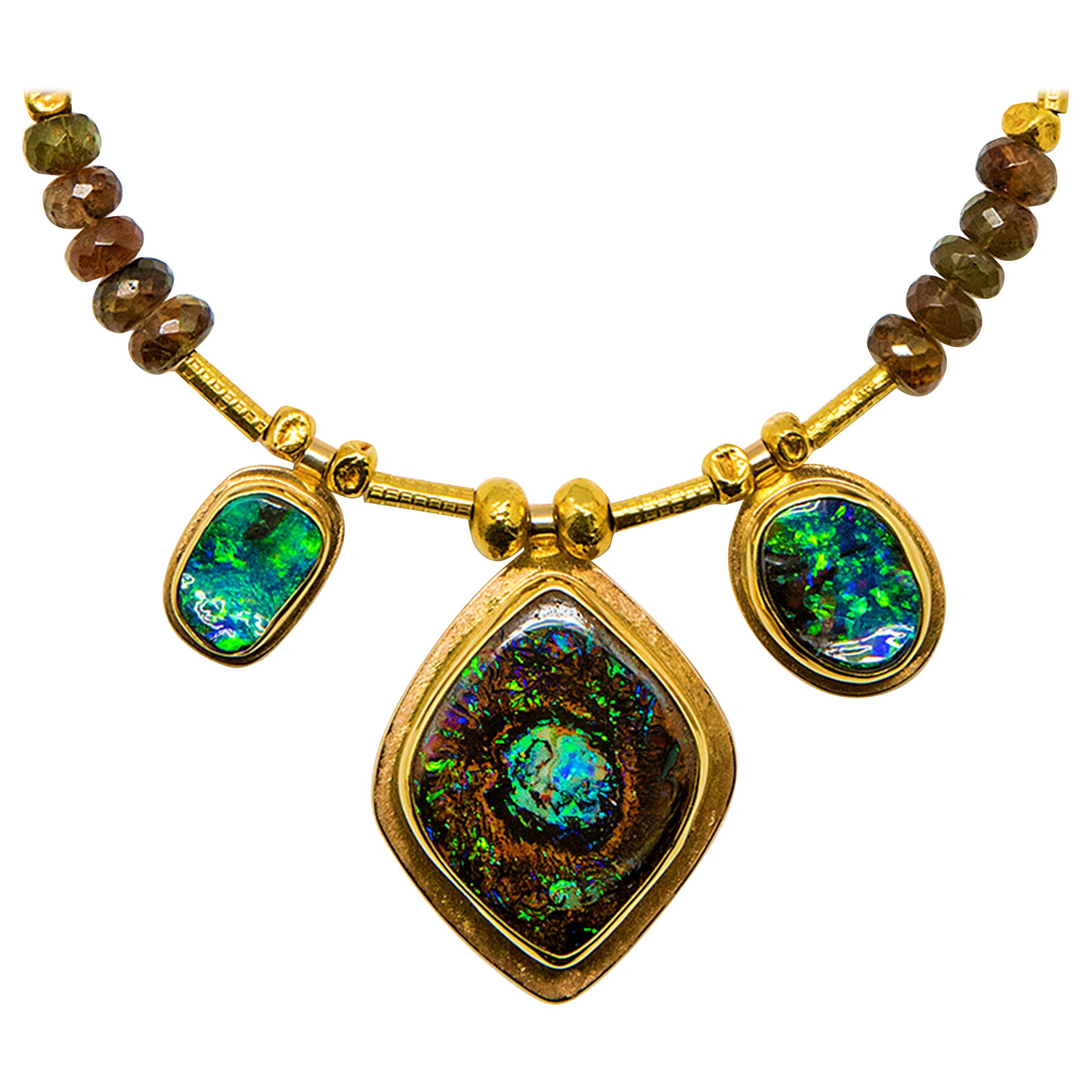 Matrix Boulder Opal Necklace Andalusite Beaded 22 Karat Gold 18 Karat Gold