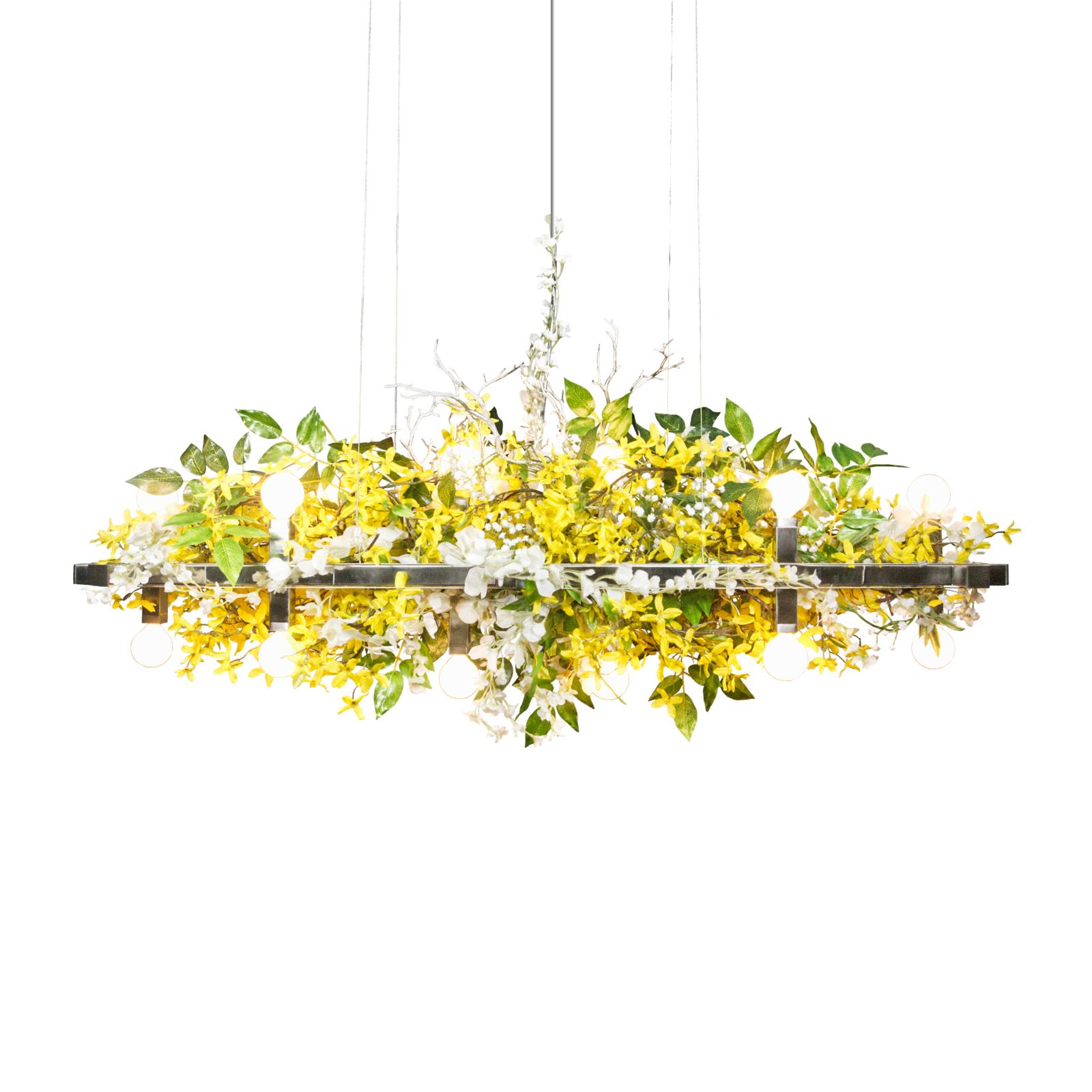 Matrix floral linear suspension chandelier by Michael McHale.
Dimensions: D 23 x W 107 x H 45.5 cm.
Materials: Steel, silk flowers, artificial branches.

16 x candelabra base CA7 LED bulbs (NB - Incandescent bulb not recommended)

All our