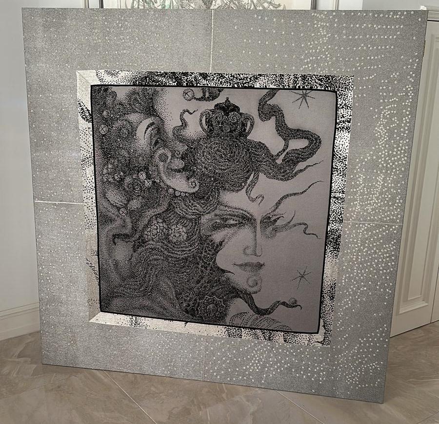 Matrix, Swarovski and Silver Threads Embroidered Tapestry , in Stock
160 x 160 x 3 cm

Custom made Rubelli fabric with metallic threads, black silk, silver metallic threads, Black and  Diamond Swarovski crystals
'Matrix' Silver Threads Tapestry

The