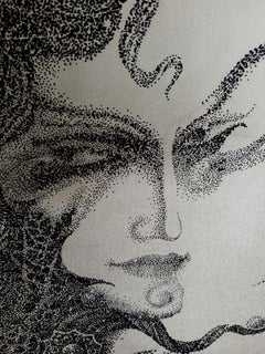 Large Hand-Embroidered Silk, Silver Metallic Tapestry Black Diamond Swarovski