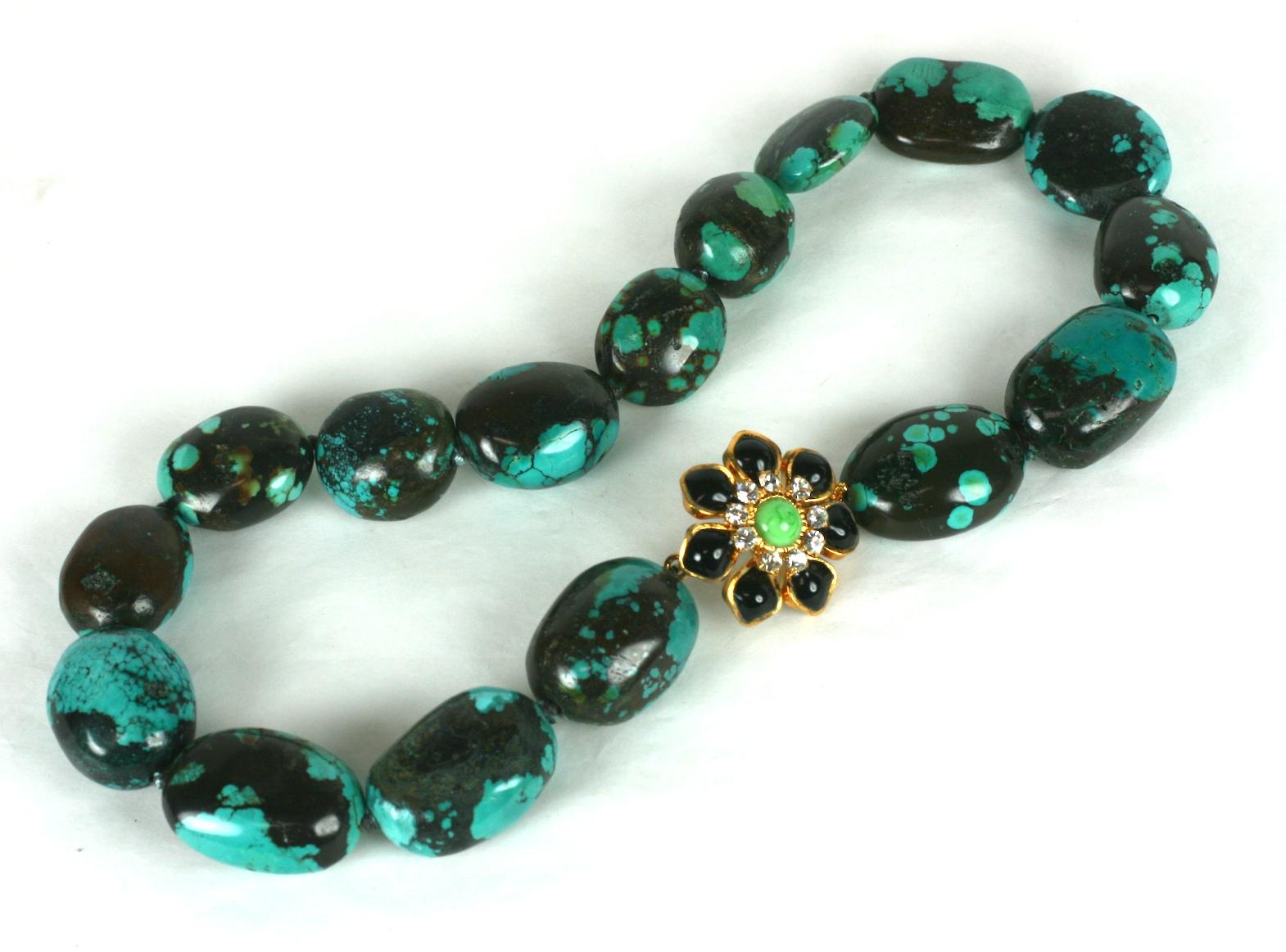 Artisan Matrix Turquoise and Poured Glass Marguerite Necklace, MWLC For Sale