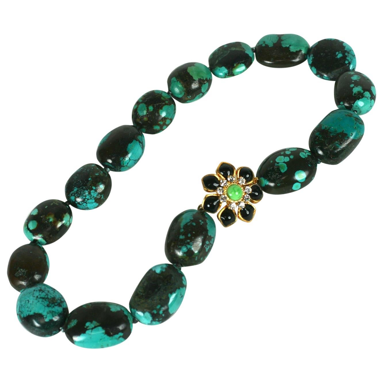 Matrix Turquoise and Poured Glass Marguerite Necklace, MWLC For Sale