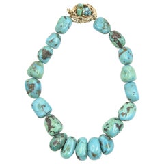 Vintage Matrix Turquoise Bead Necklace with Melted Yellow Gold Nest Clasp