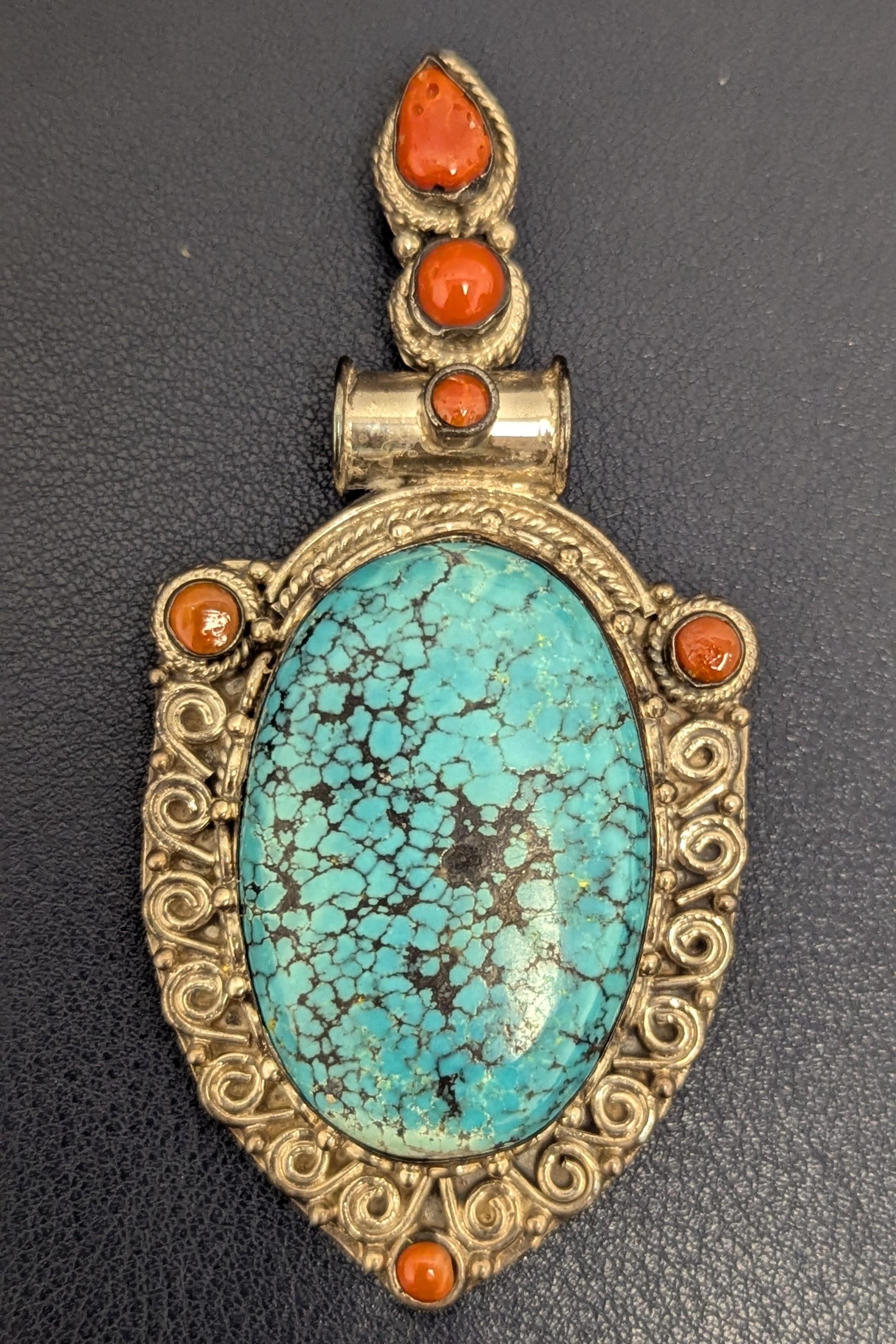 Oval Cut Matrix Turquoise Coral Sterling Silver Pendant Brooch For Sale
