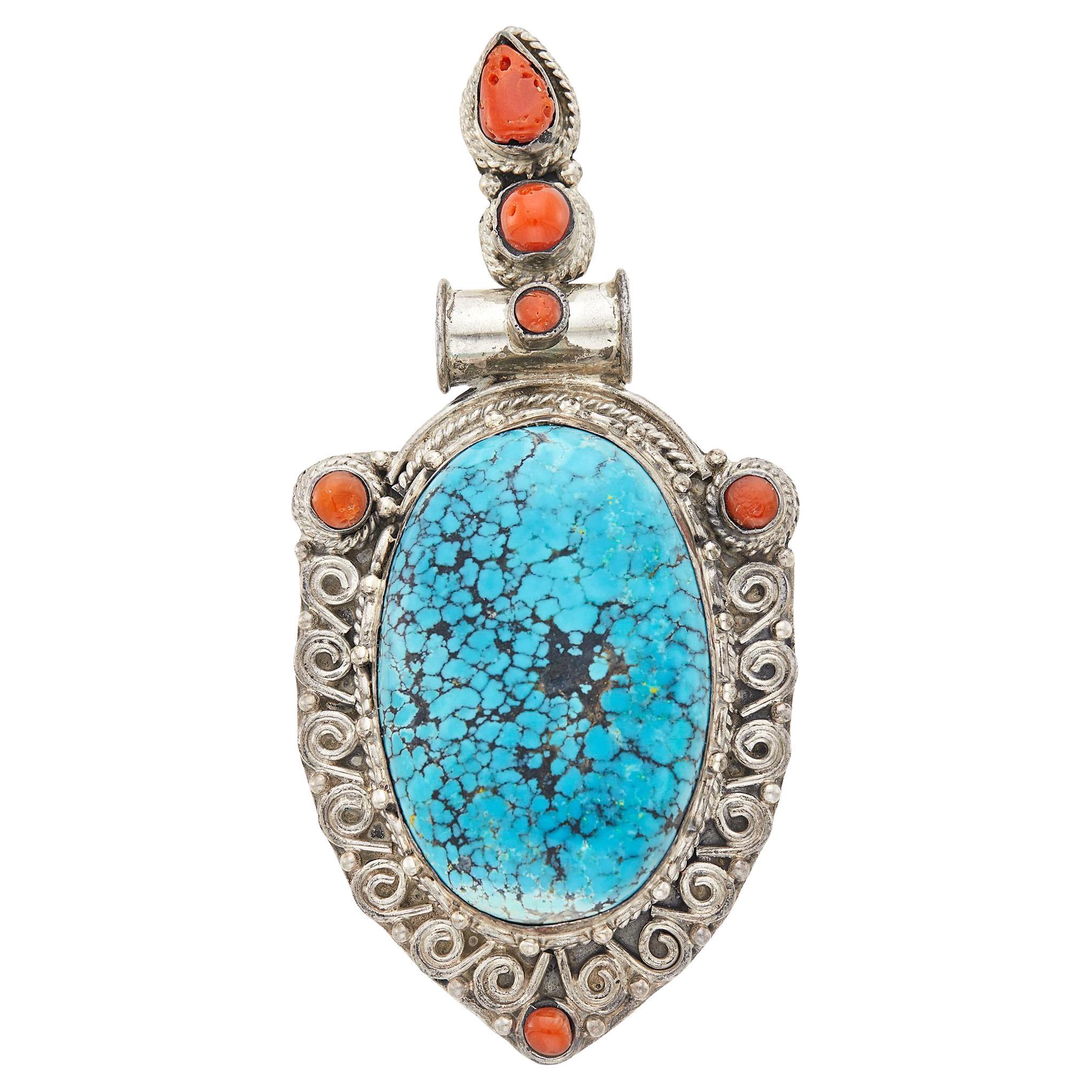 Matrix Turquoise Coral Sterling Silver Pendant Brooch