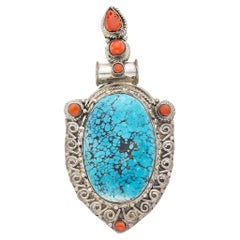 Matrix Turquoise Coral Sterling Silver Pendant Brooch